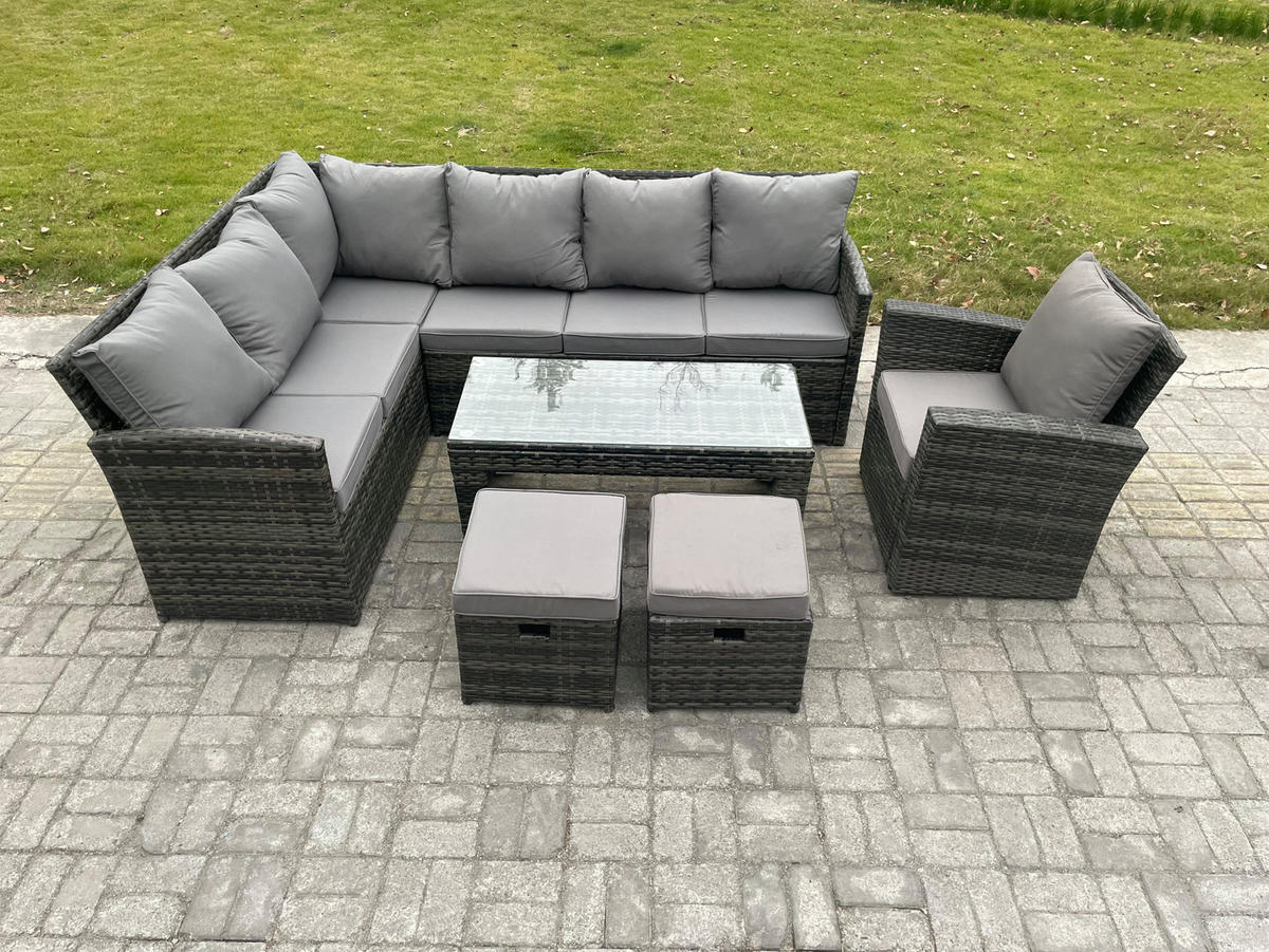 SITZGRUPPE mit Ecksofa,Länglicher Couchtisch,2 Kleine Hocker Polyrattan 9-Sitzer - Dunkelgrau/Grau, Glas/Kunststoff - Fimous