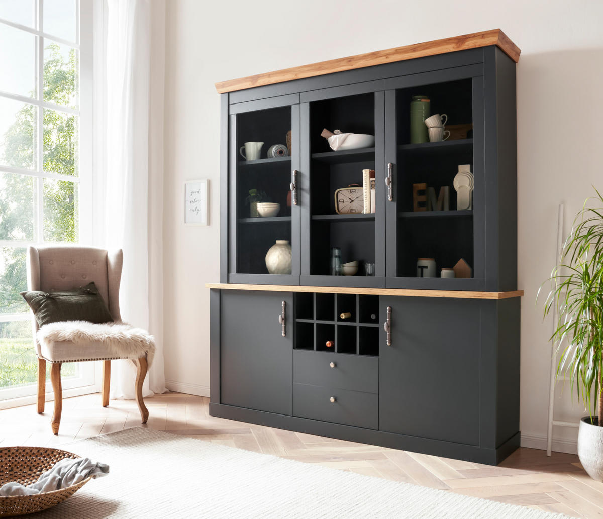 BUFFETSCHRANK grau, Wotan Eiche Landhaus, Vitrinenschrank mit Soft-Close-Funktion - Silberfarben/Eiche Wotan, Glas/Holzwerkstoff (184/205/44cm) - Furn.Design