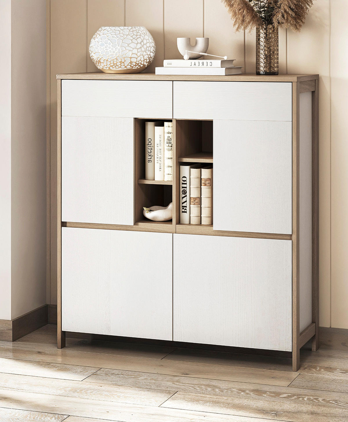 HIGHBOARD weiß, Eiche 111 cm, Kommode skandinavisch mit Soft-Close, Finnes - Eichefarben/Weiß, Holzwerkstoff/Metall (111/125/39cm) - Furn.Design