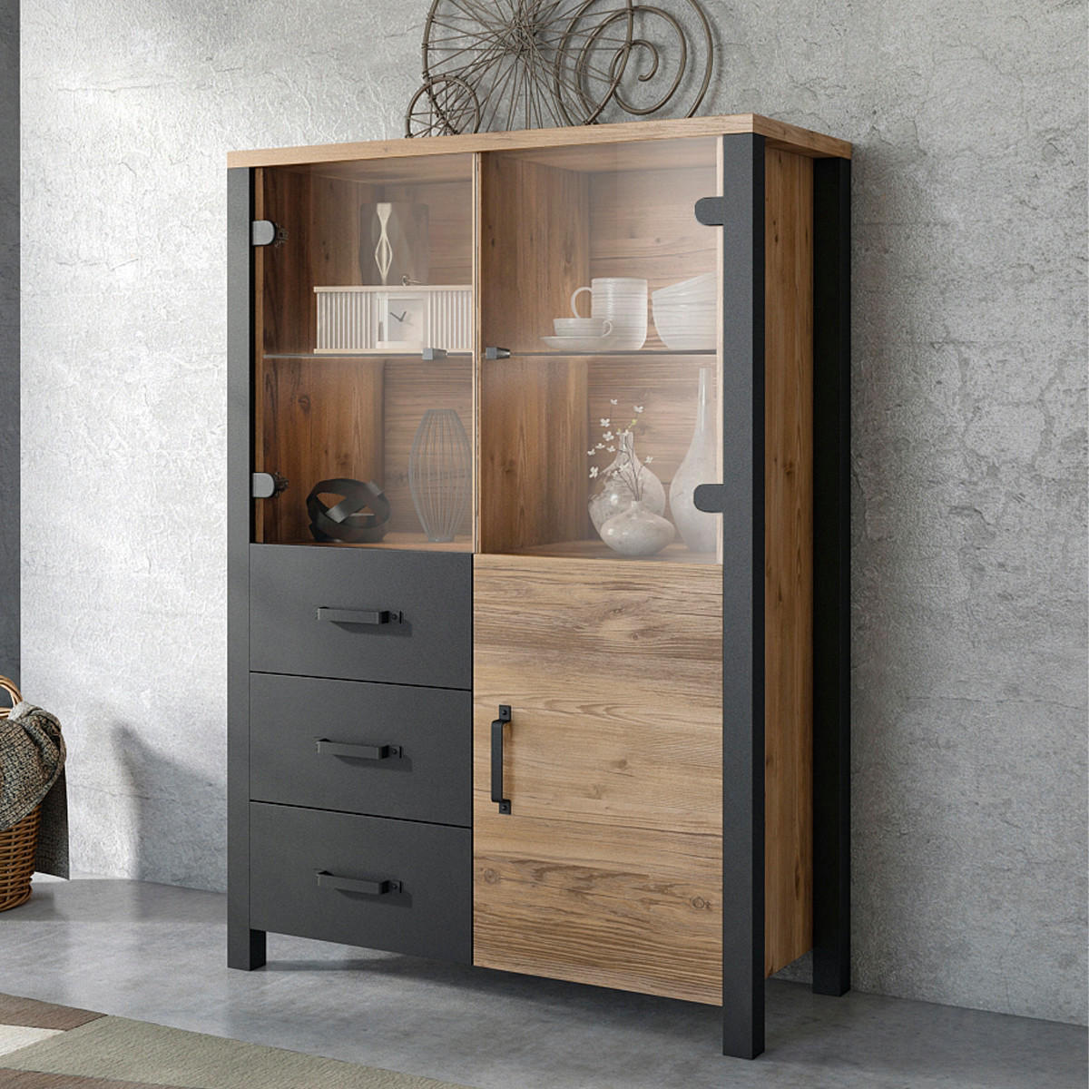 VITRÍNA Lyam Dřevo a černá - černá, kompozitní dřevo (101/146/43cm) - Petits-meubles