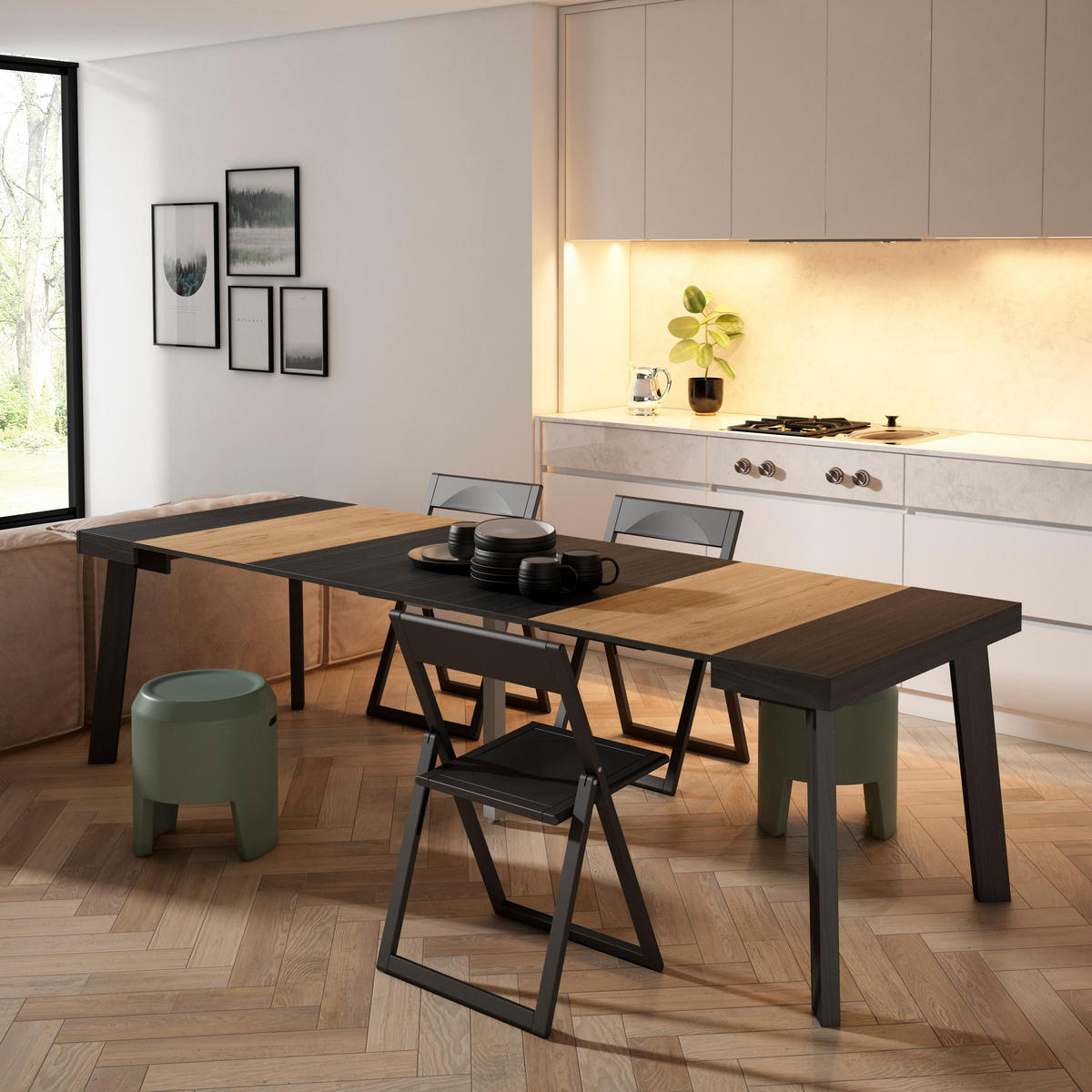 KONSOLENTISCH ausziehbar 58 bis 262cm, für 12 Gäste, schwarz eiche, 90/58/73cm - Eichefarben/Schwarz, Holzwerkstoff (90/262/73cm) - Skraut Home