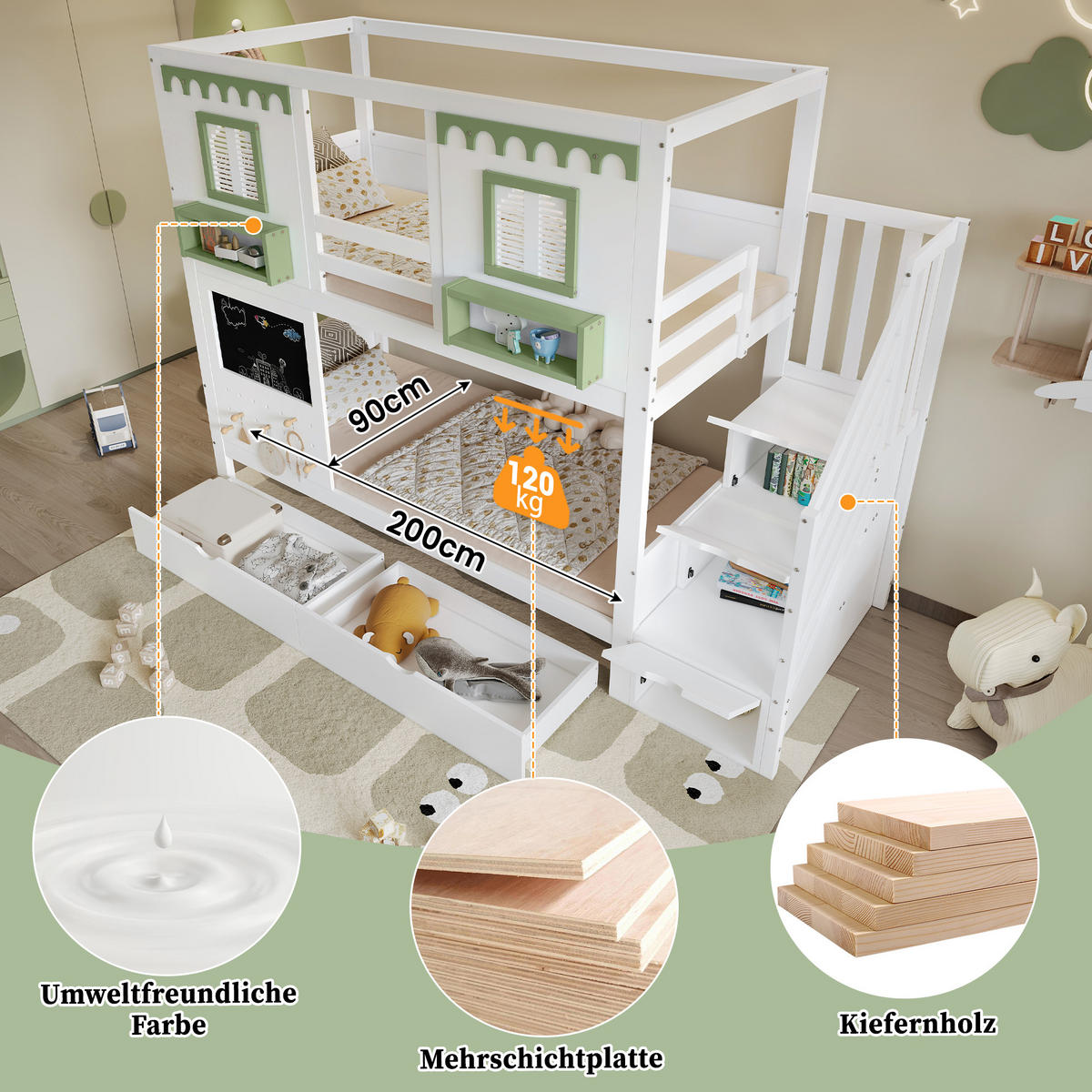 ETAGENBETT Mit kleinem Lochbrett-Bereich Weiß+Grün - Weiß, Holz (90/200cm) - ComfortXL