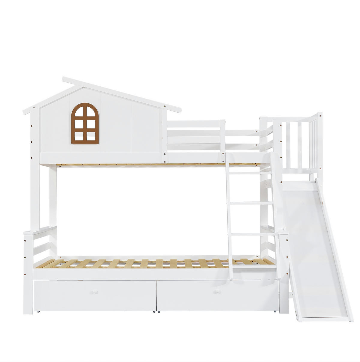 ETAGENBETT aus Kiefernholz und MDF Weiß mit Rutsche, Schubladen und 90x200/120x200 cm - Weiß, Holzwerkstoff (90/200cm) - IVMEU