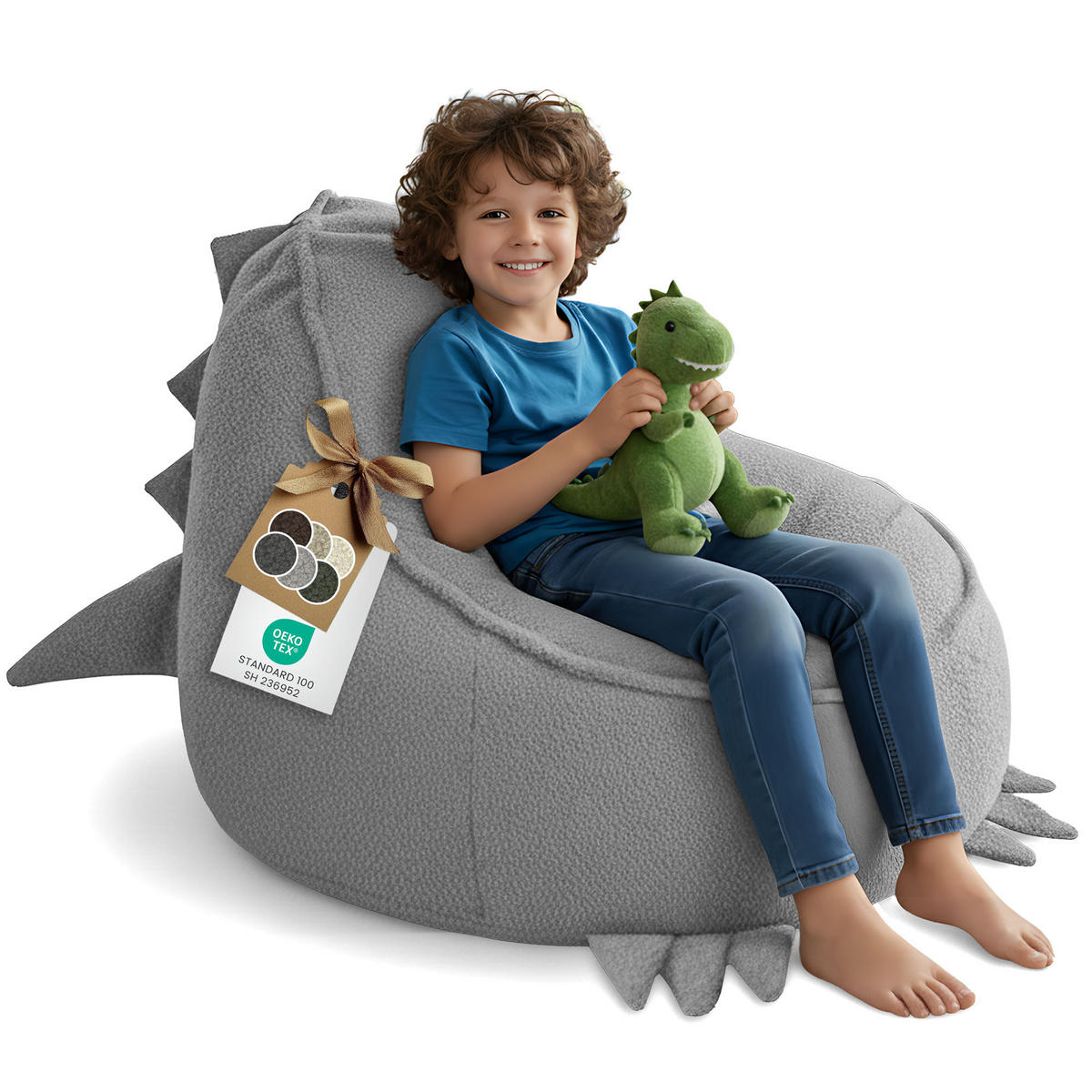 SITZSACK FÜR KINDER Dino 75/75/55 cm, weicher Bouclé 315 g/m², abnehmbarer Bezug, Pearl Grey - Hellgrau, Textil (75/55/75cm) - Dreamroots