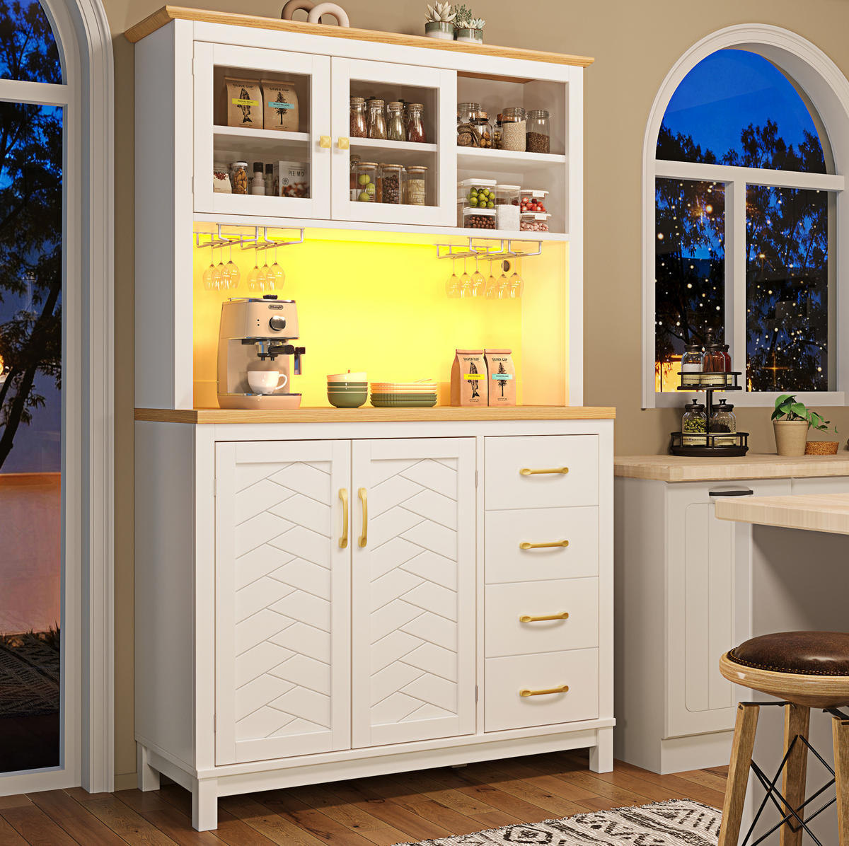 BUFFETSCHRANK 105,5/40/180 cm mit LED-Lichtleiste, App-Steuerung und viel Stauraum aus MDF, Weiß - Weiß, Holzwerkstoff (105.5/180/40cm) - Redom