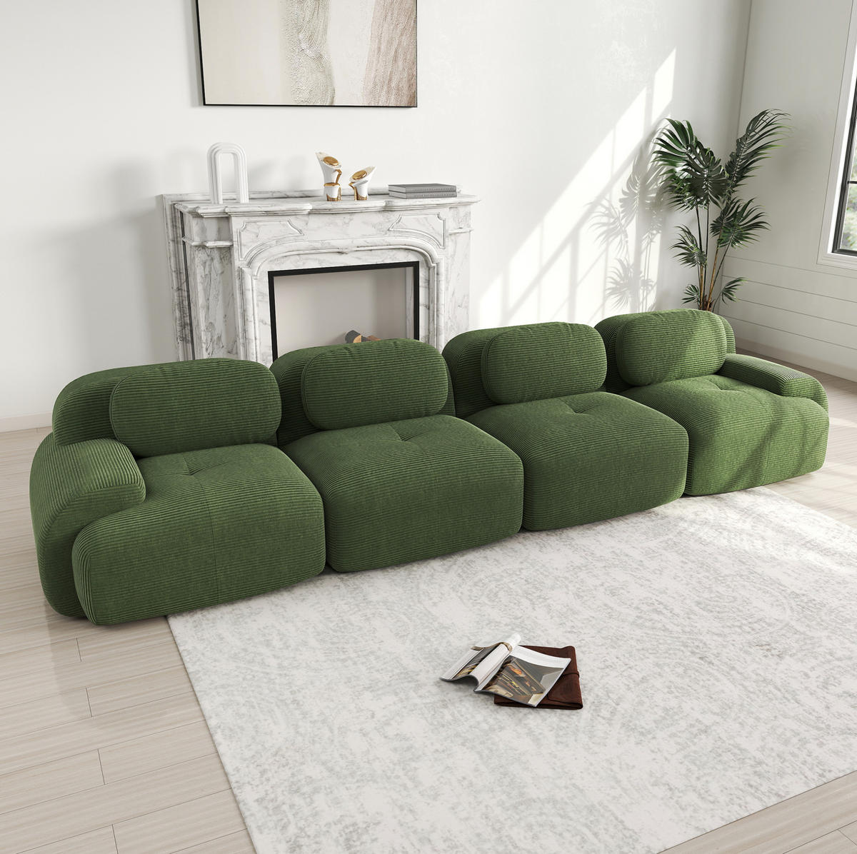 SOFA 388/103/70 cm in Grün aus Cord mit rahmenlosem Design - Grün, Textil (103/70/388cm) - Flora Grace
