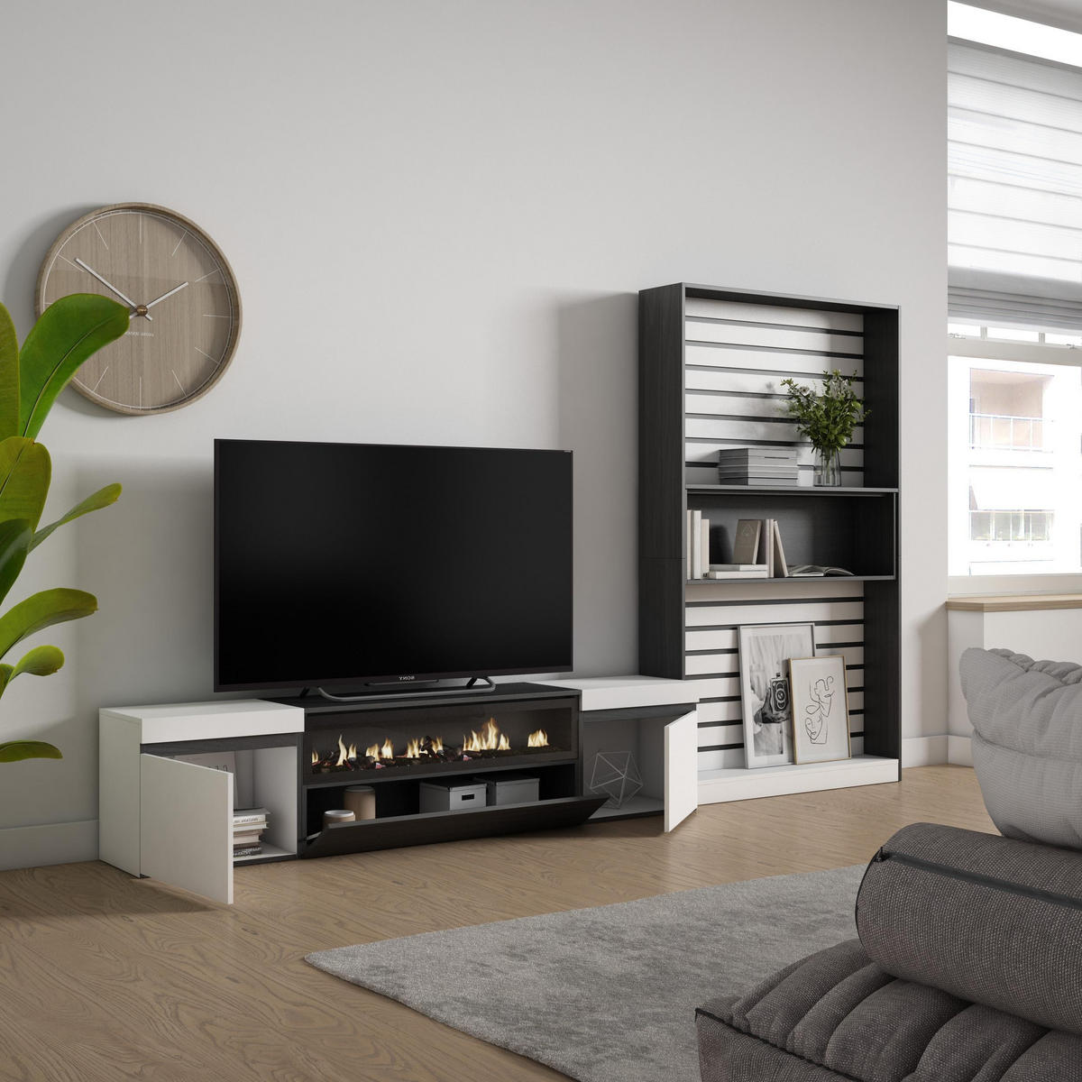 WOHNWAND Wohnzimmer, weiß und schwarz, Elektrokamin,, 310/35/186cm - Schwarz/Weiß, Holzwerkstoff (310/186/35cm) - Skraut Home