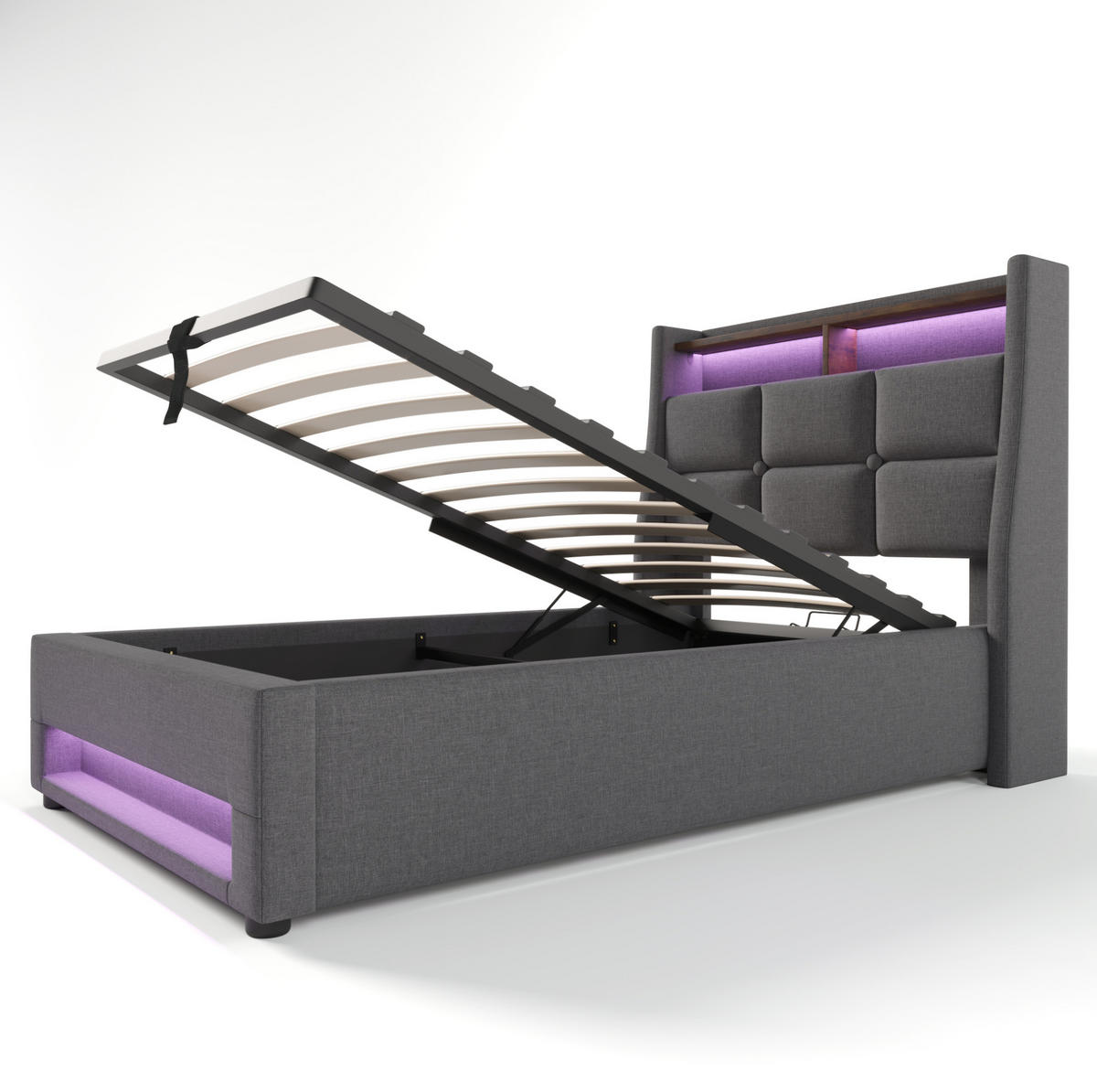 POLSTERBETT 90/200 cm Grau aus Leinen mit LED und USB - Grau, Textil (90/200cm) - OKMYHOME