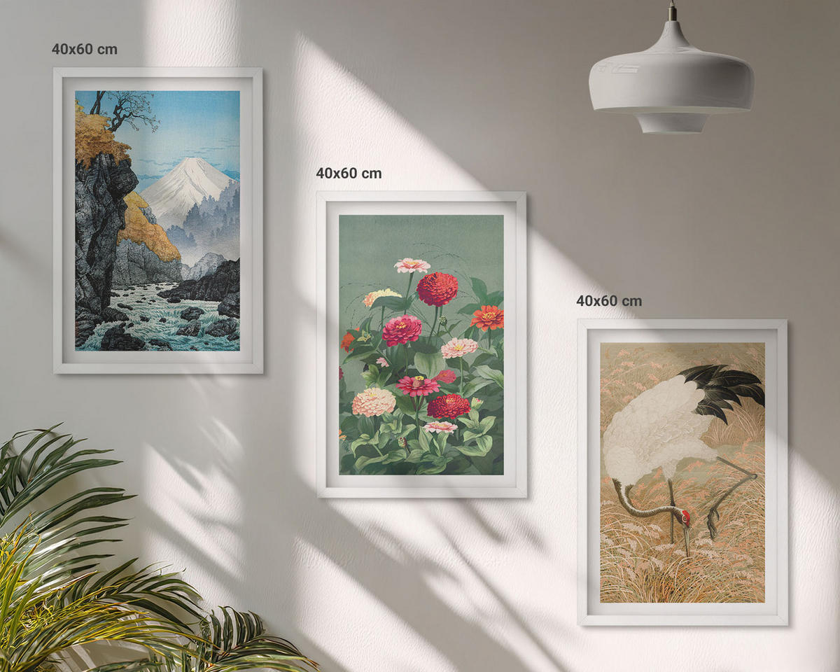WANDBILDER 3er-Set - 40x60 cm Weißer Rahmen - Berglandschaft, Fluss, Blumen, Kraniche - Weiß, Kunststoff (40/60cm) - ArtPrintCave