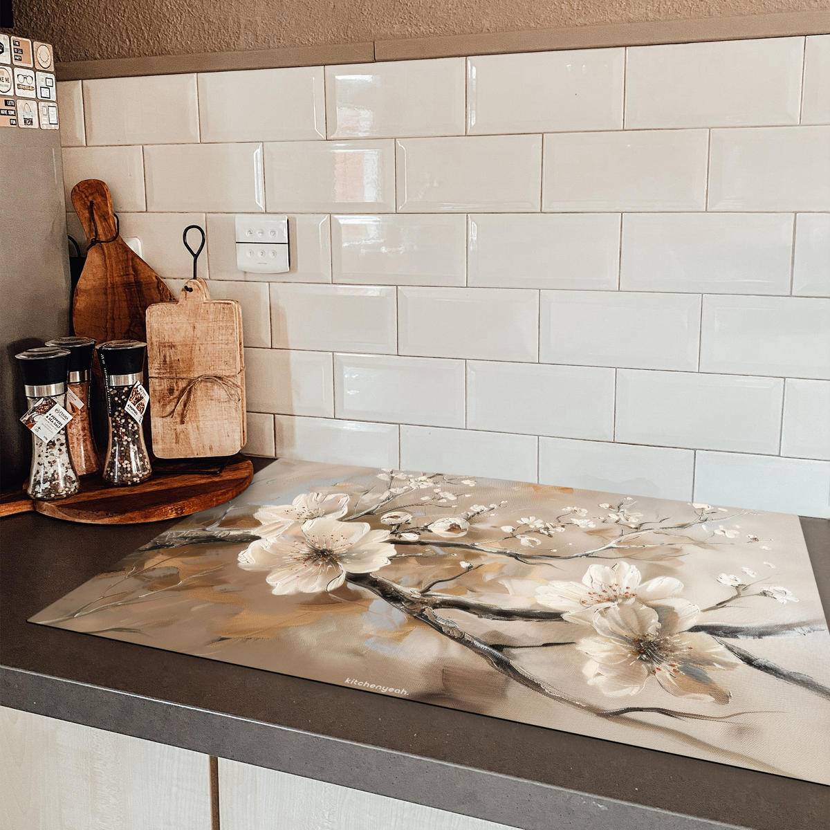 HERDABDECKPLATTE Blumen - Abstrakt - Gemalt - Beige 81x52 cm - Beige, Kunststoff (81/52/0.2cm) - MuchoWow