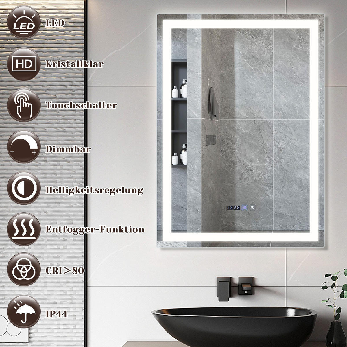 BADEZIMMERSPIEGEL Jena mit LED-Leuchte 60/80/2.5 cm - Weiß, Glas (80/2.5/60cm) - Nettlife