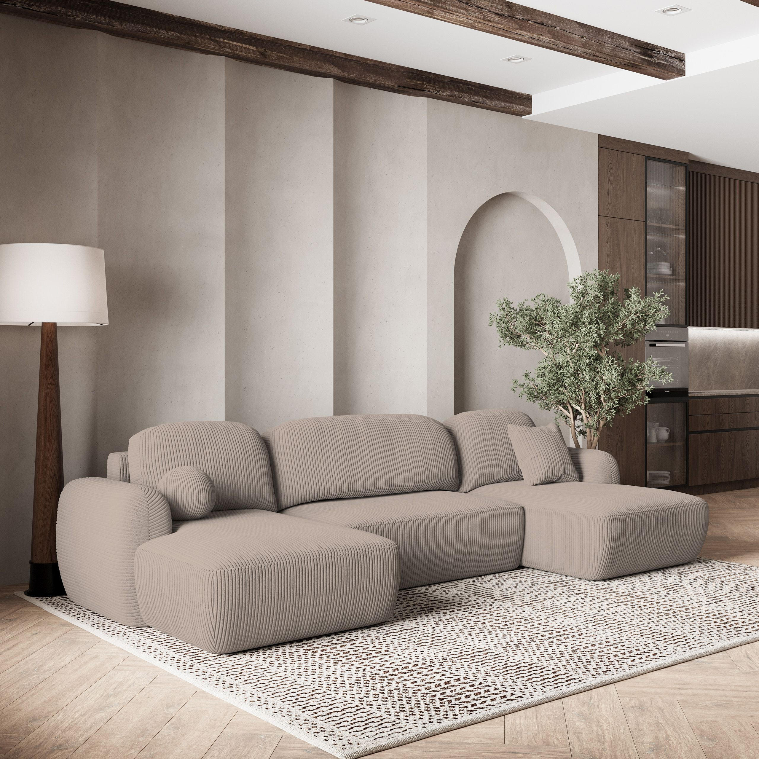 WOHNLANDSCHAFT SAVONA P Beige Kordstoff mit Schlaffunktion - Beige, Holz (350/90/148cm) - MASSENO