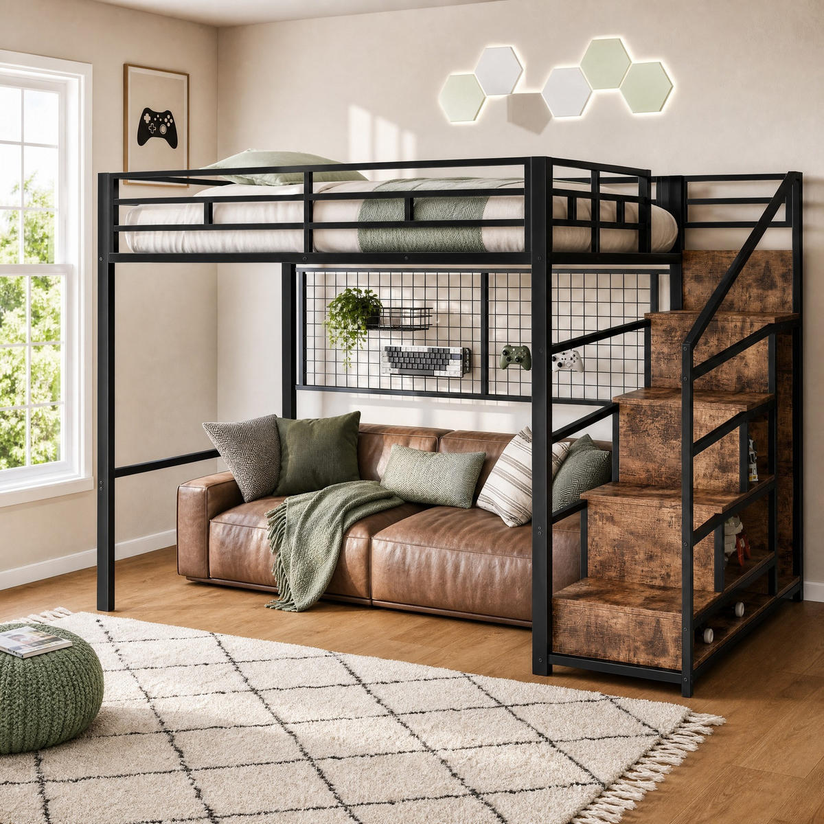 HOCHBETT 140/200 mit Kleiderschrank, Stauraumleiter und LED in Schwarz - Schwarz, Holzwerkstoff/Metall (140/200cm) - EVRYAE