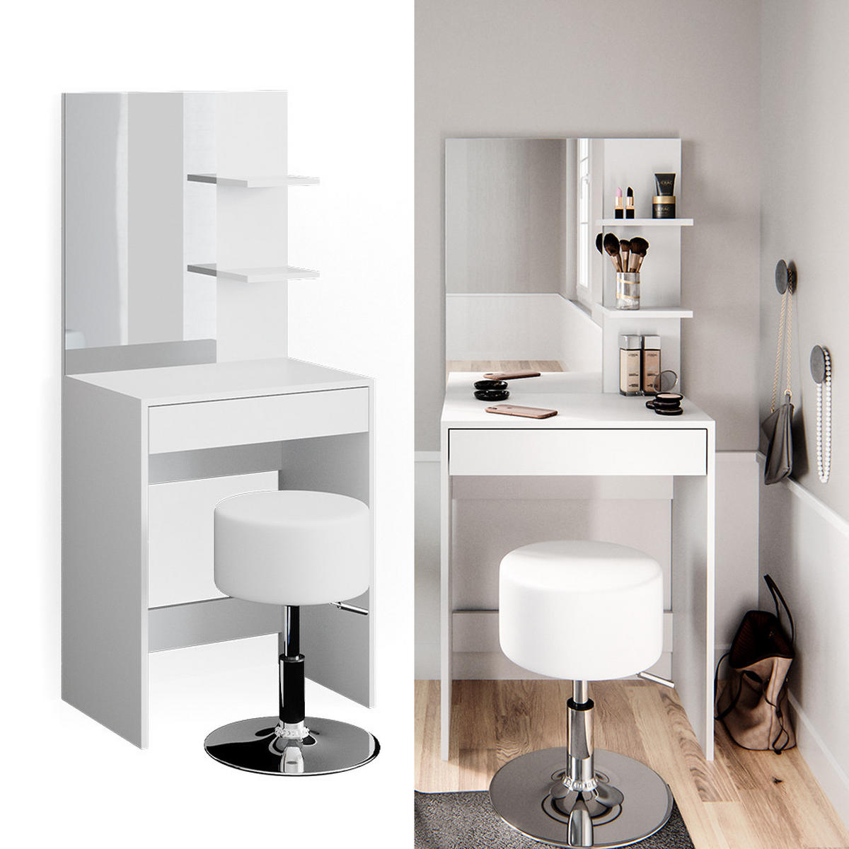 SCHMINKTISCH Isabelle Weiß 60 cm mit Hocker - Weiß, Holzwerkstoff (60/140/40cm) - Vicco