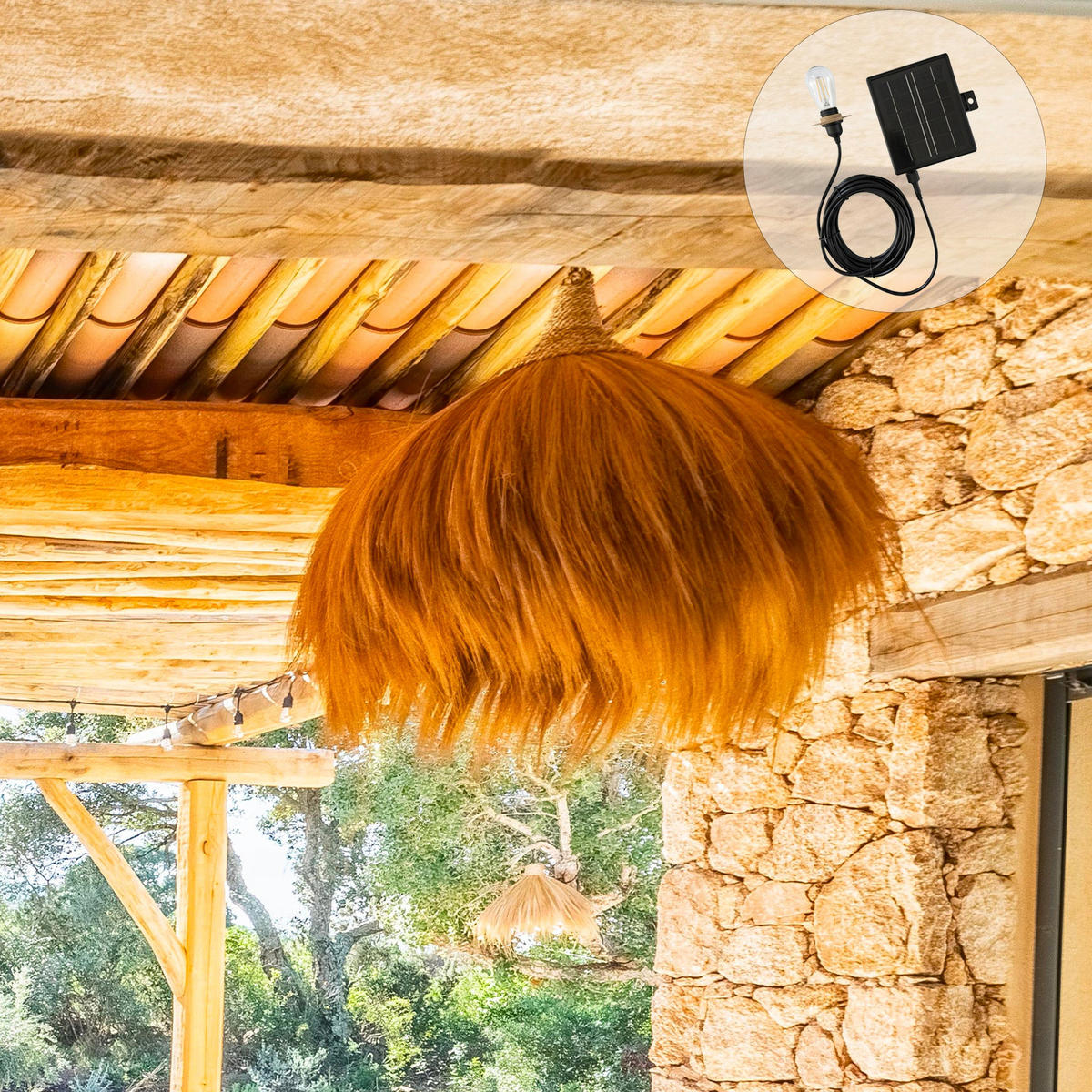 MASAI BIG Solar-Pendelleuchte, 80 cm Durchmesser, 5 m Länge - Beige, Naturmaterialien (80/80/62cm) - Lumisky