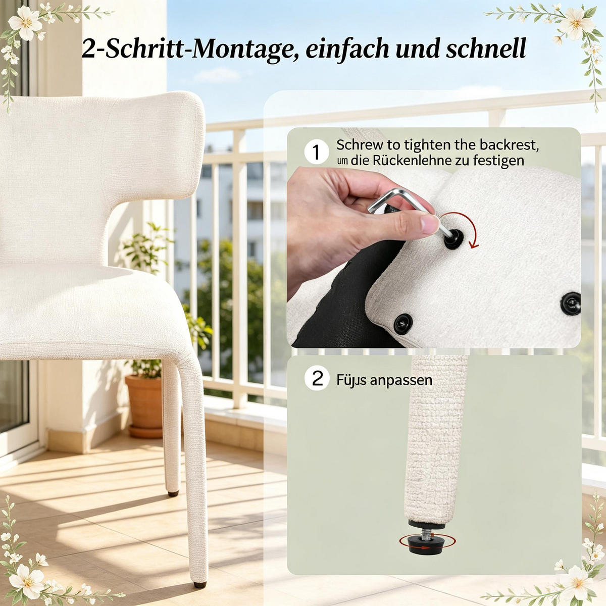 STUHL-SET DE-36171 2 Stück mit Leinenbezug Aprikosencreme - Creme, Metall (53/78/53cm) - ComfortXL