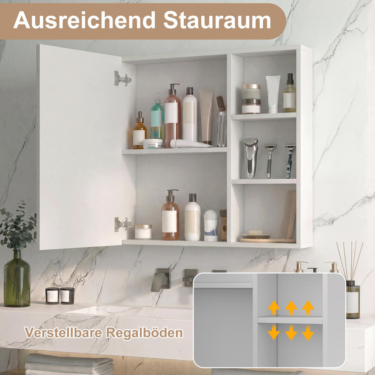 SPIEGELSCHRANK 60/60/15 cm, einzeltürig mit offener Seitenablage, 3-farbigem LED, höhenverstellbare Ablagen, Weiß - Weiß, Glas (60.2/60.2/15.2cm) - BRILVERDE