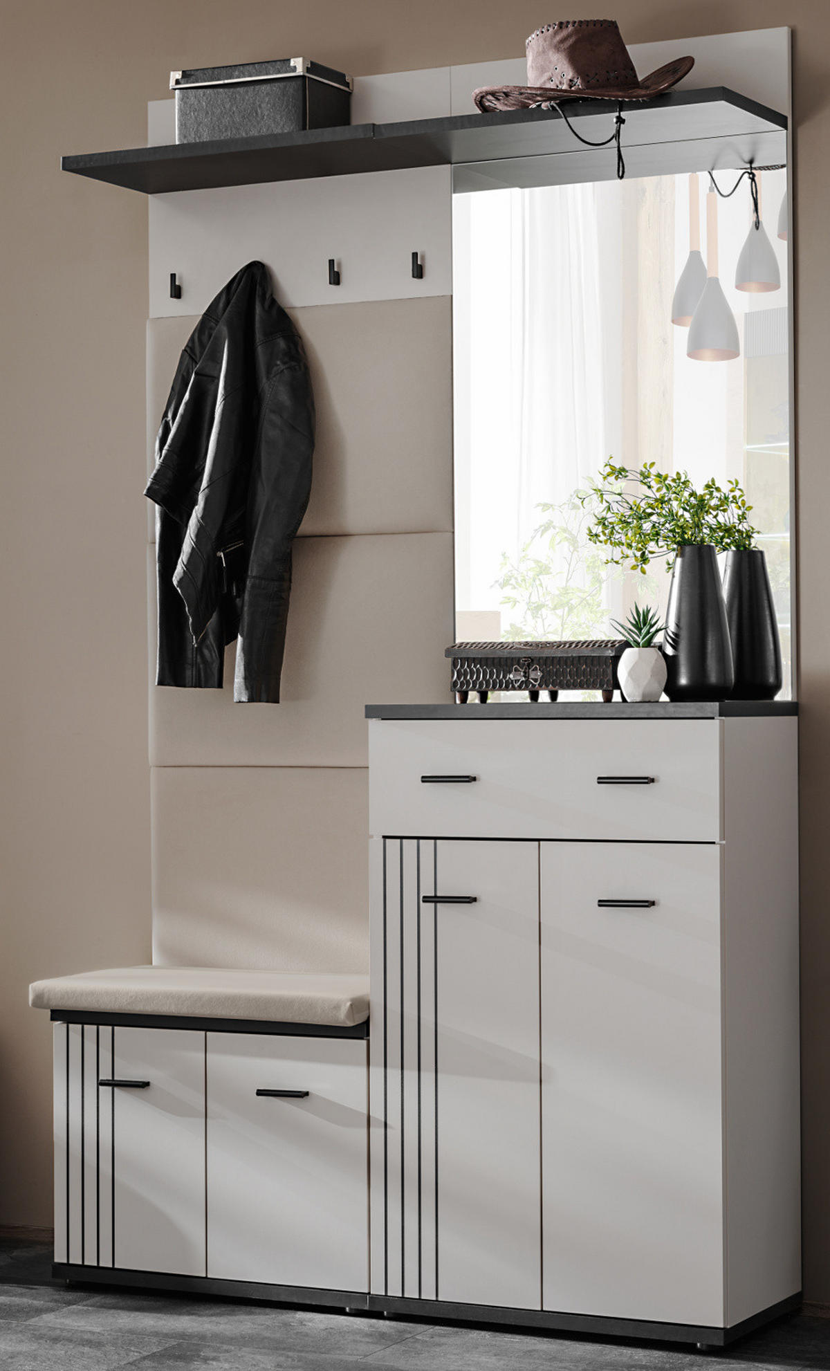 GARDEROBEN-SET Kaschmir, schwarz 4-teilig 120 cm, Flurgarderobe mit viel Stauraum - Kaschmir/Schwarz, Glas/Holzwerkstoff (120/20/32cm) - Inn.Furn