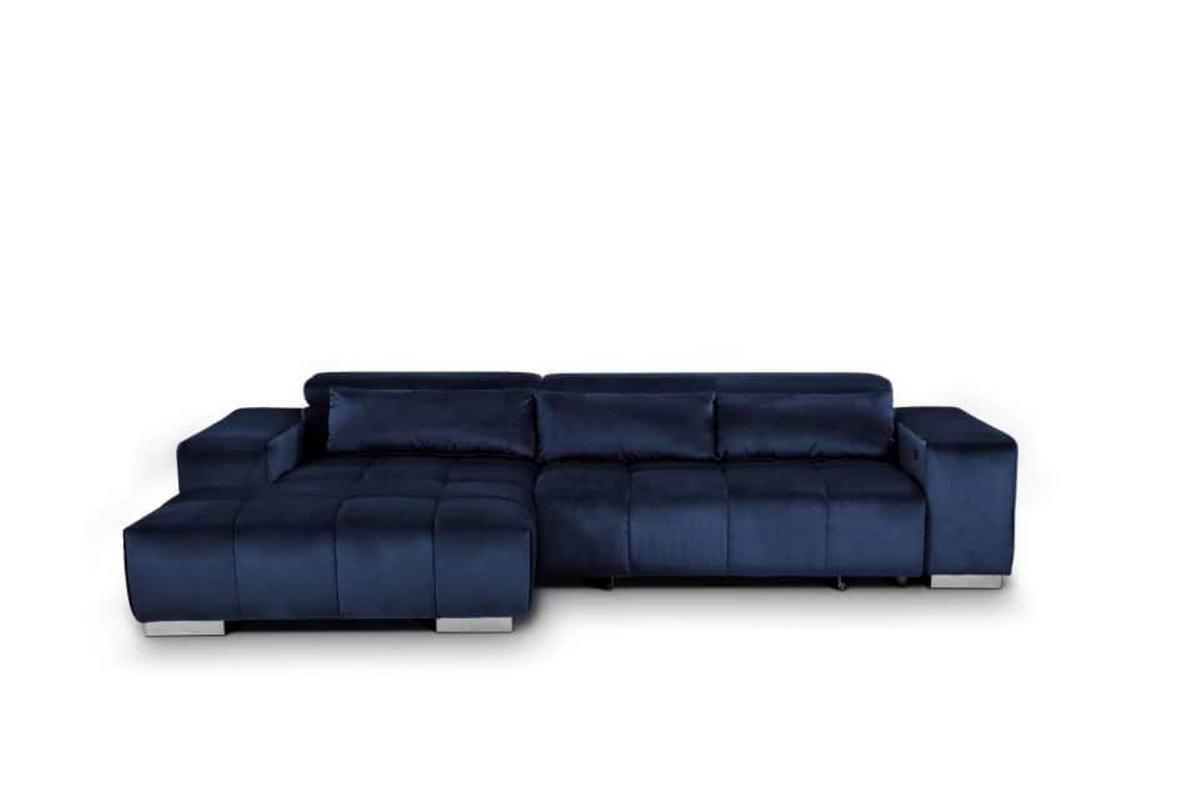 ECKSOFA mit elektrischem Sitzvorschub und verstellbaren Kopflehnen - Chromfarben/Dunkelblau, Textil (307/186cm) - Cotta