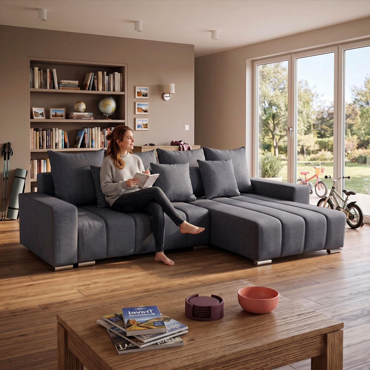 ECKSOFA Piano L Rechts mit Schlaffunktion 137x234 Velours Dunkelgrau - Dunkelgrau/Silberfarben, Holz/Textil (178/278cm) - Muffo