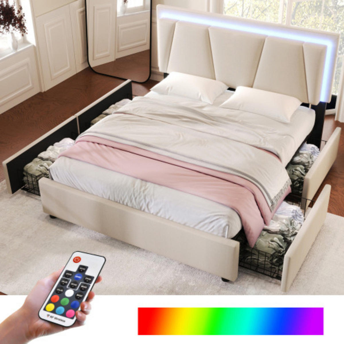 POLSTERBETT 140×200 cm aus Holz mit LED-Beleuchtung und vier Schubladen, beige - Beige, Holzwerkstoff (140/200cm) - Luhomfu