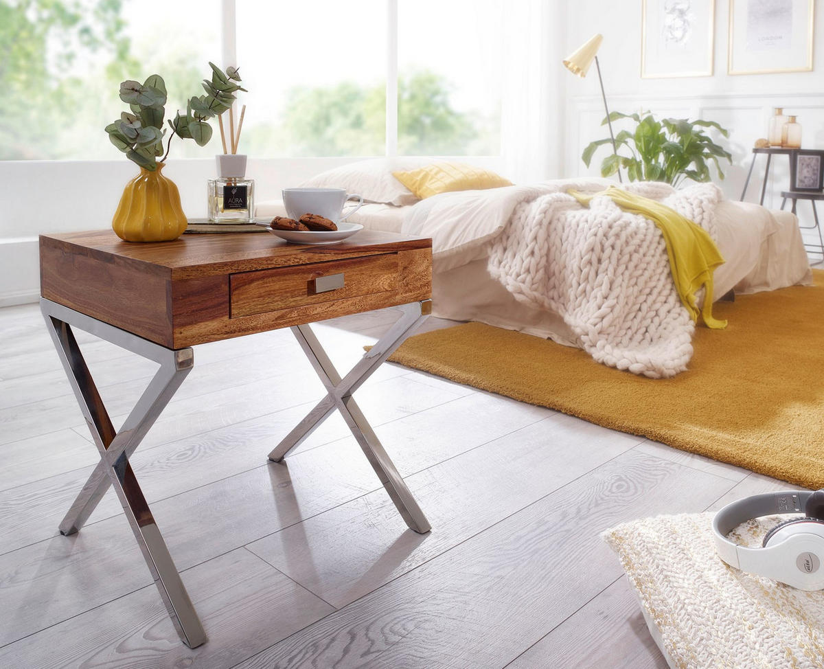 NACHTTISCH – Massivholz, Chrombeine, Landhausstil - Silberfarben/Braun, Holz (45/50/45cm) - KADIMA DESIGN