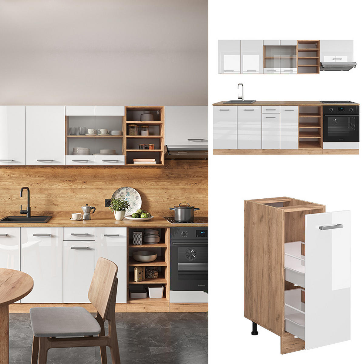 KÜCHENZEILE R-Line Weiß Hochglanz/Goldkraft Eiche 240 cm, AP Anthrazit - Weiß Hochglanz/Eiche Wotan, Holzwerkstoff (240/81.6/60cm) - Vicco