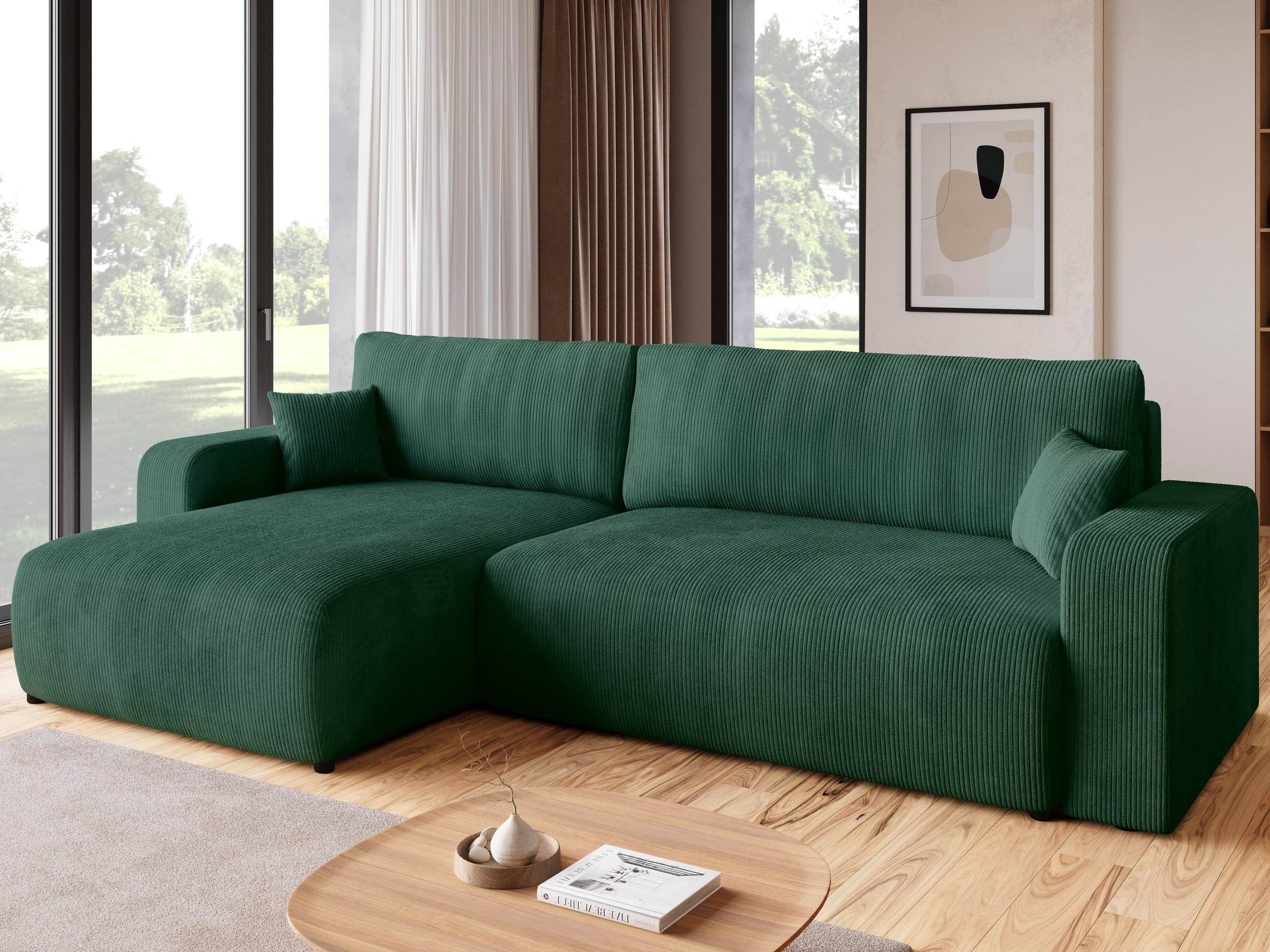 ECKSOFA PUMI XL mit Schlaffunktion Dunkelgrün Cord - Dunkelgrün, Textil (274/148cm) - Bromarkt