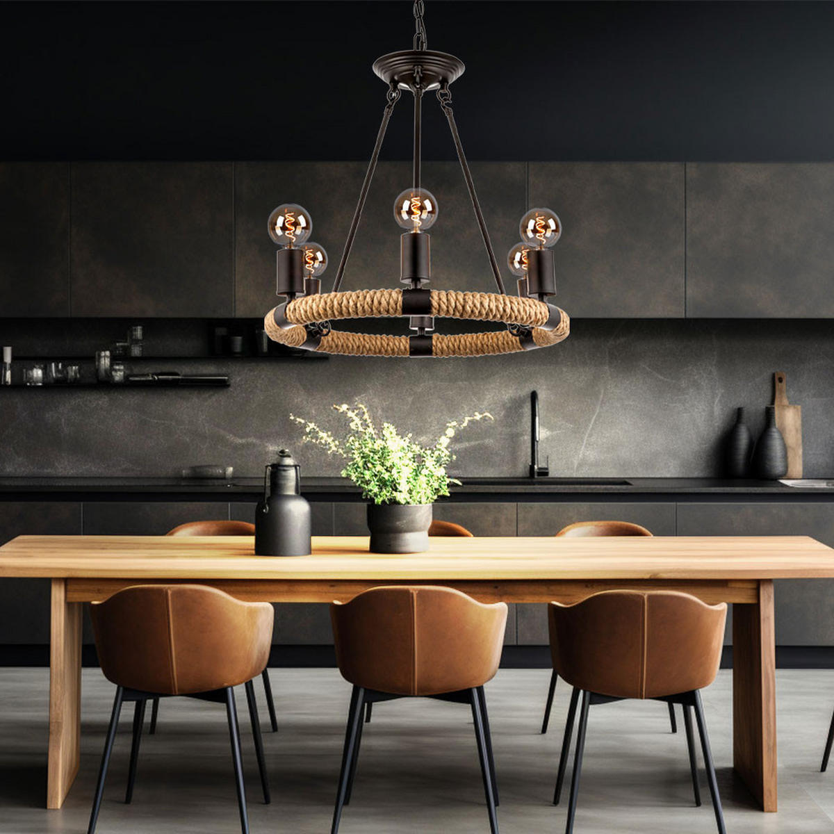 LED HÄNGELEUCHTE Hanfseil Schwarz - Schwarz, Metall (50/50/126cm) - Globo Lighting