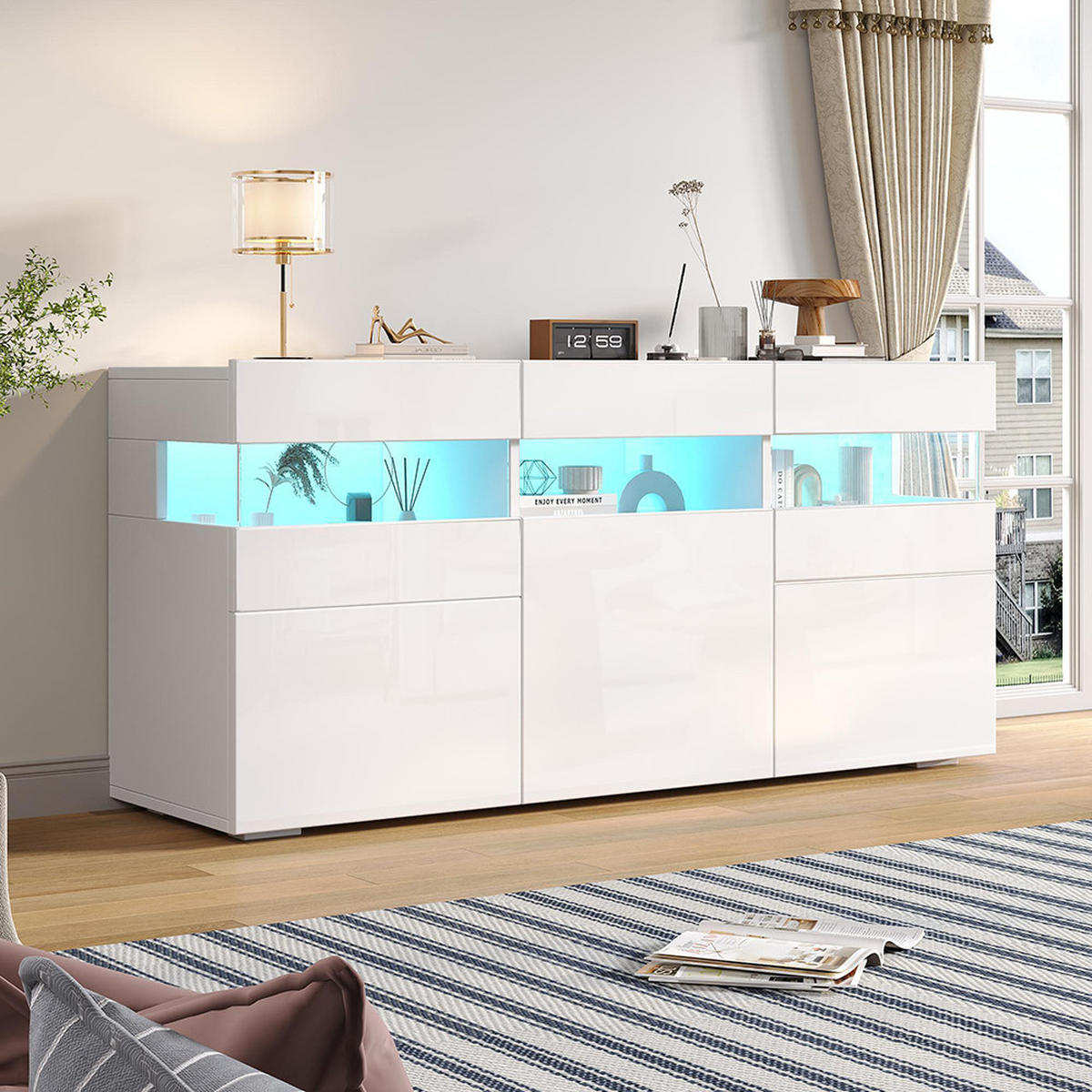 SIDEBOARD 140x40.5x66.5cm mit LED-Lichtleiste,Weiß - Weiß, Holzwerkstoff (40.5/66.5/140cm) - KOMHTOM
