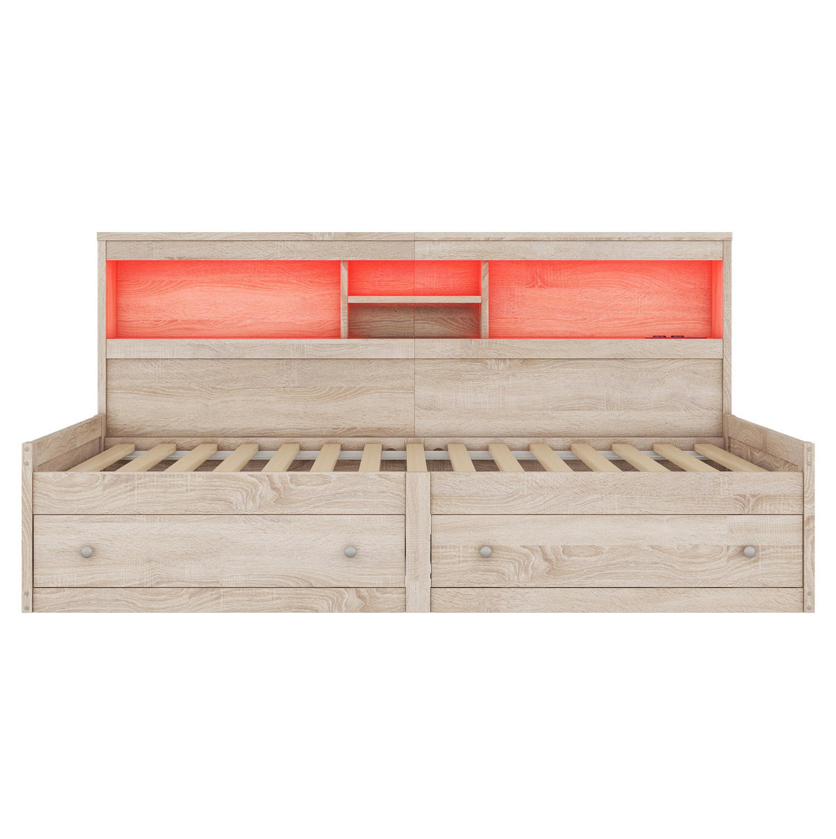POLSTERBETT aus Spanplatte & MDF 90x200 cm in Natur mit LED & USB-Ladebuchsen - Naturfarben, Holzwerkstoff (90/200cm) - Modfu
