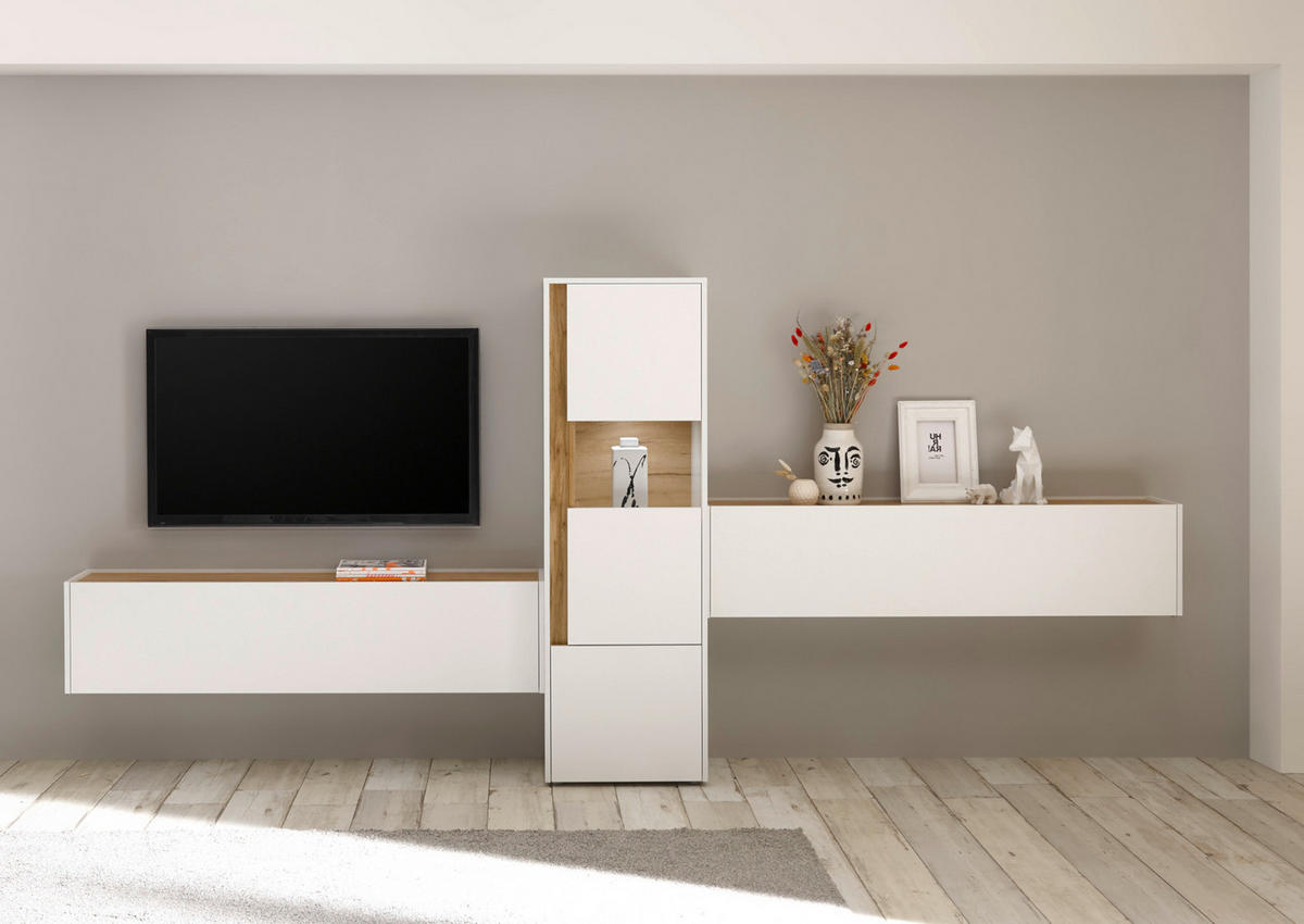 WOHNWAND 3-teilig weiß, Eiche Wotan 350 cm, Schrankwand modernes Design - Eiche Wotan/Schwarz, Glas/Holz (350/155/40cm) - Furn.Design
