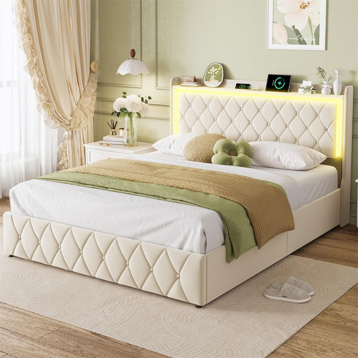 POLSTERBETT 140x190cm mit hydraulischem Stauraum - LED Beleuchtung & Ladefunktion - ohne Matratze - Beige - Beige, Textil (140/190cm) - DELFA