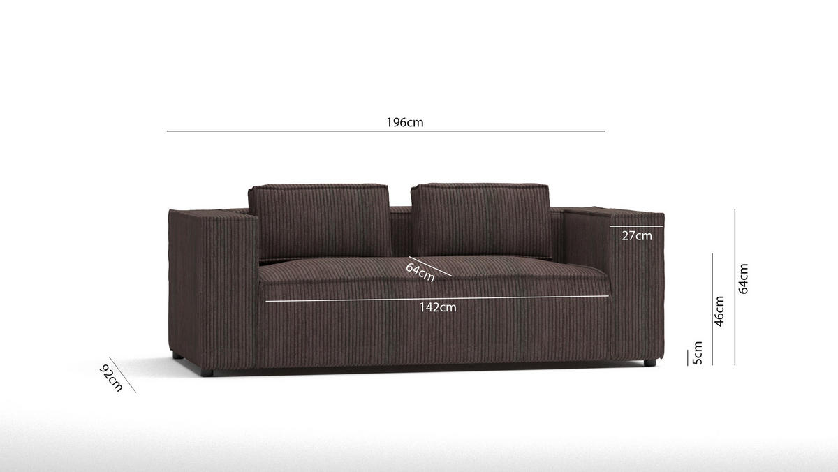 2-SITZER-SOFA Nova Dunkelbraun Cord - Dunkelbraun/Schwarz, Holz/Kunststoff (196/64/92cm) - S-Style Möbel