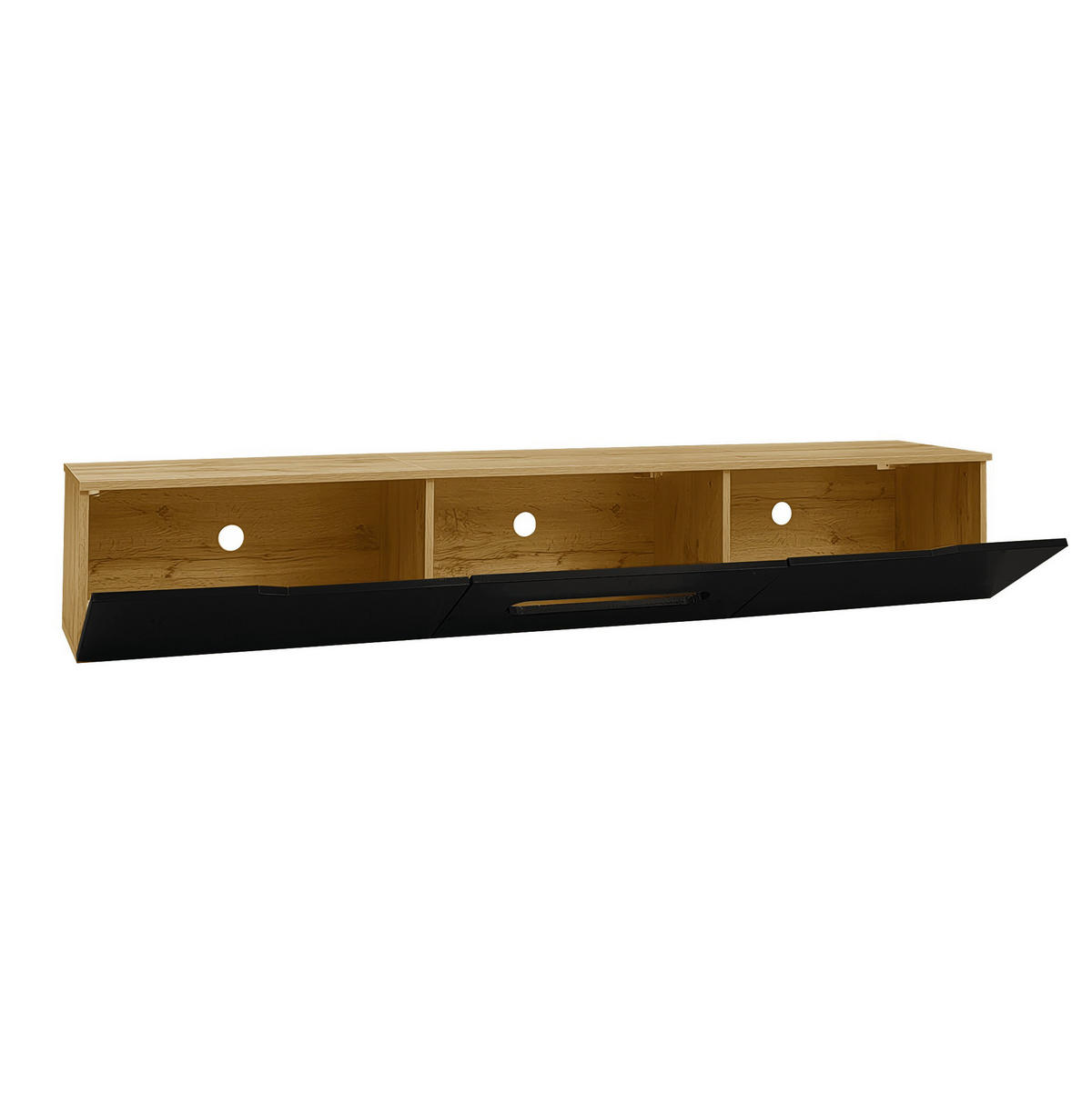 TV-LOWBOARD aus MDF und Spanplatte 180x35x30 cm Schwarz und Holzfarbe mit LED-Beleuchtung, Soft-Close und Wandmontage - Schwarz, Holzwerkstoff (180/30/35cm) - Modfu