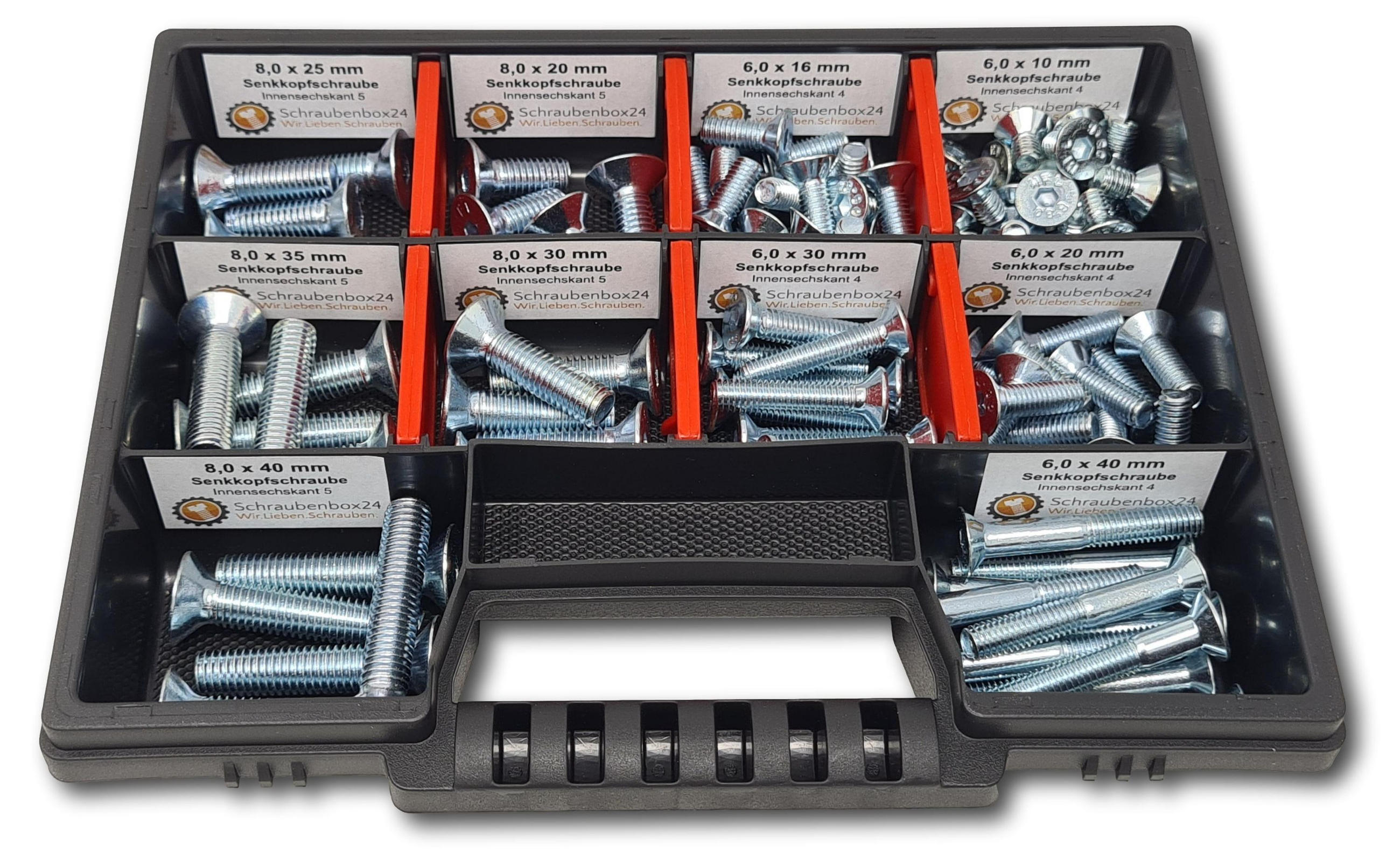 SECHSKANTSCHRAUBEN Sortiment M6-M8 // 10mm-40mm 105 tlg. Schraubenbox DIN 7991 / ISO 10642 - Zinkfarben, Metall (3.5cm) - Schraubenbox24