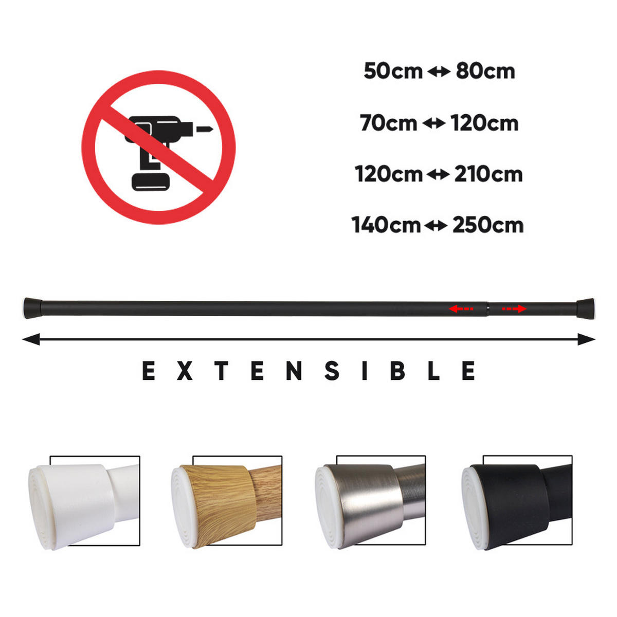 TELESKOP-VORHANGSTANGE mit Spannbefestigung Ø28 mm – Schwarz (70–120 cm) - Schwarz, Metall (2.8/120cm) - STORESDECO