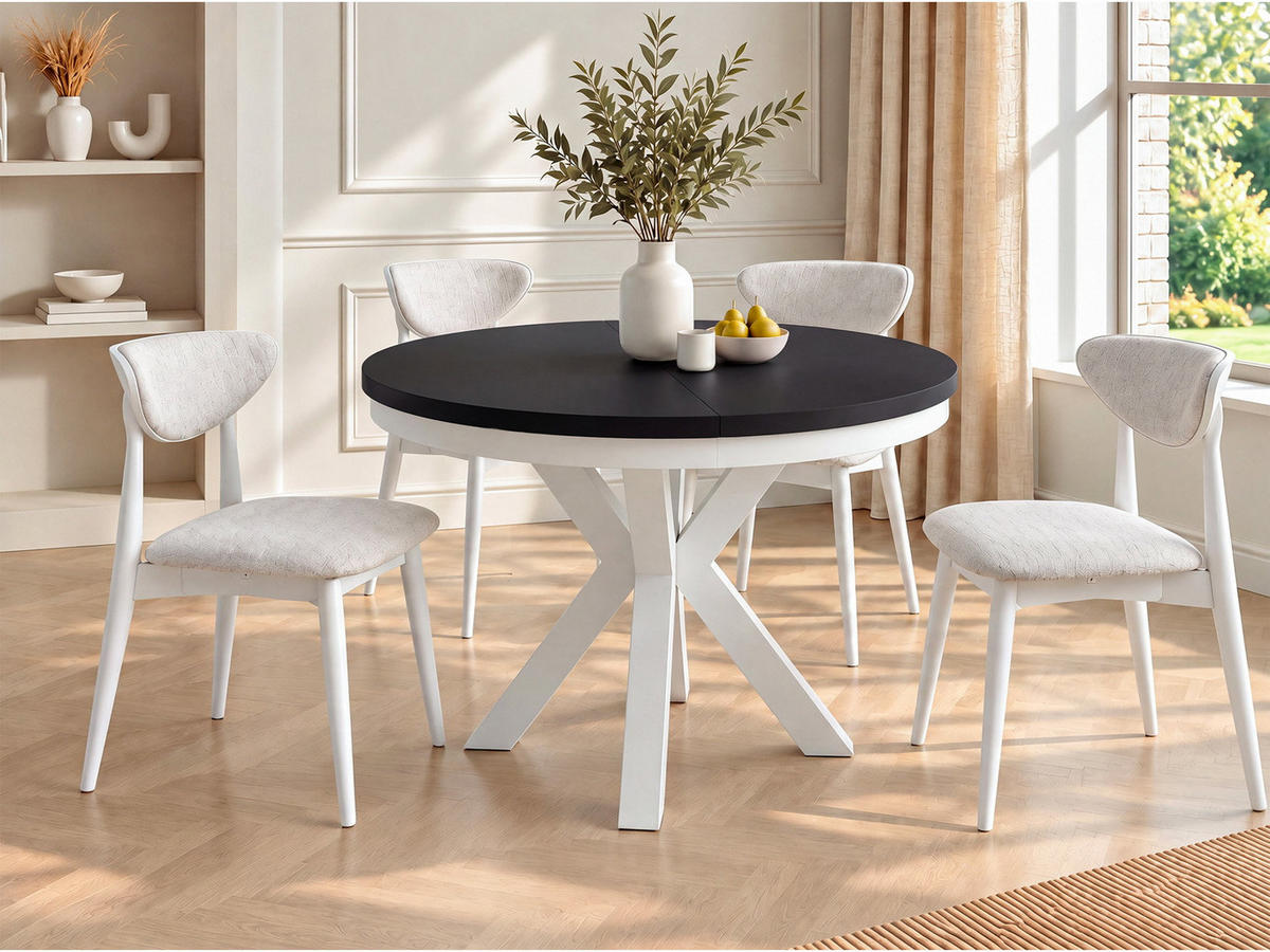 ESSTISCH Clara Weiß runder ausziehbarer, Schwarz 120-200/120/76 cm - Schwarz/Weiß, Holzwerkstoff/Metall (120/196/76cm) - WFL GROUP