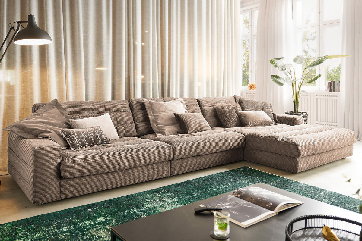 ECKSOFA XL LANA Taupe Cord - Taupe/Schwarz, Textil (416/205cm) - KAWOLA