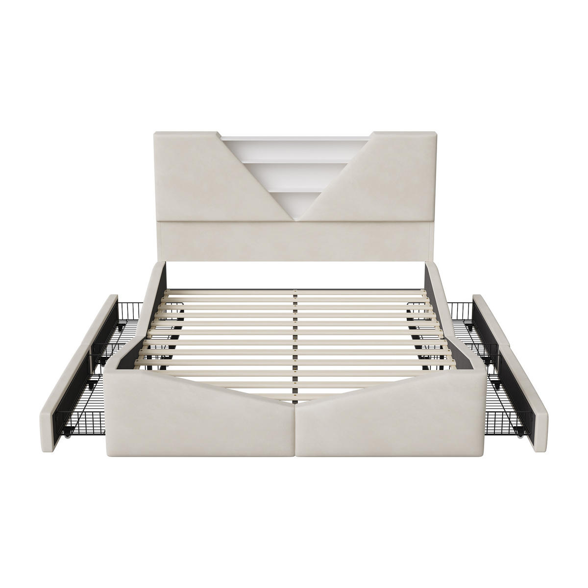 POLSTERBETT 140x190 cm mit 2 Schubladen, LED & USB, Doppelbett mit Kopfteil Stauraum, Beige - Beige, Metall (140/190cm) - EuroLiving