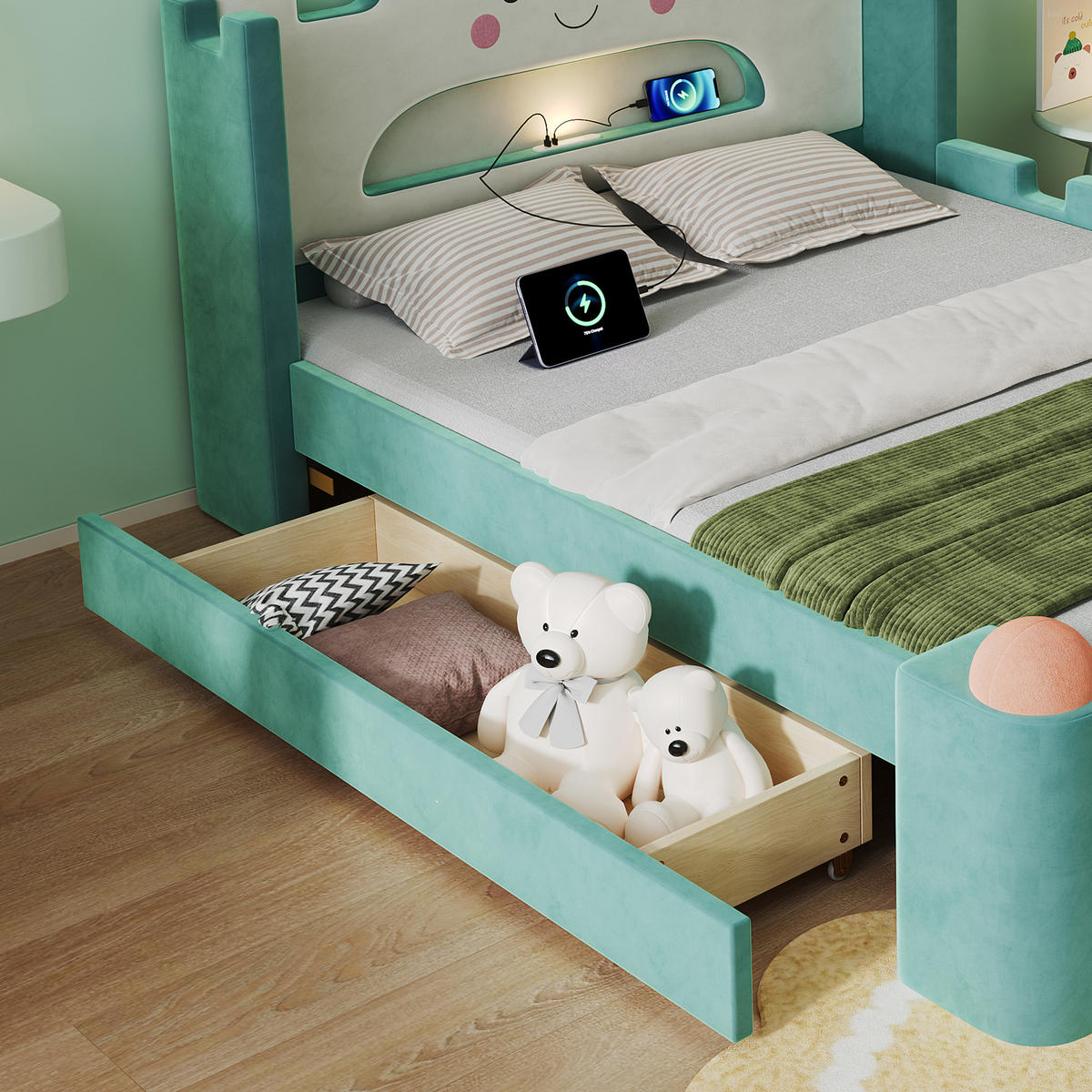 POLSTERBETT 140/200 mit LED-Leselampe, USB-Anschluss, Schublade und klappbarer Ablage in Blaugrün - Blau/Grün, Holzwerkstoff/Textil - EVRYAE