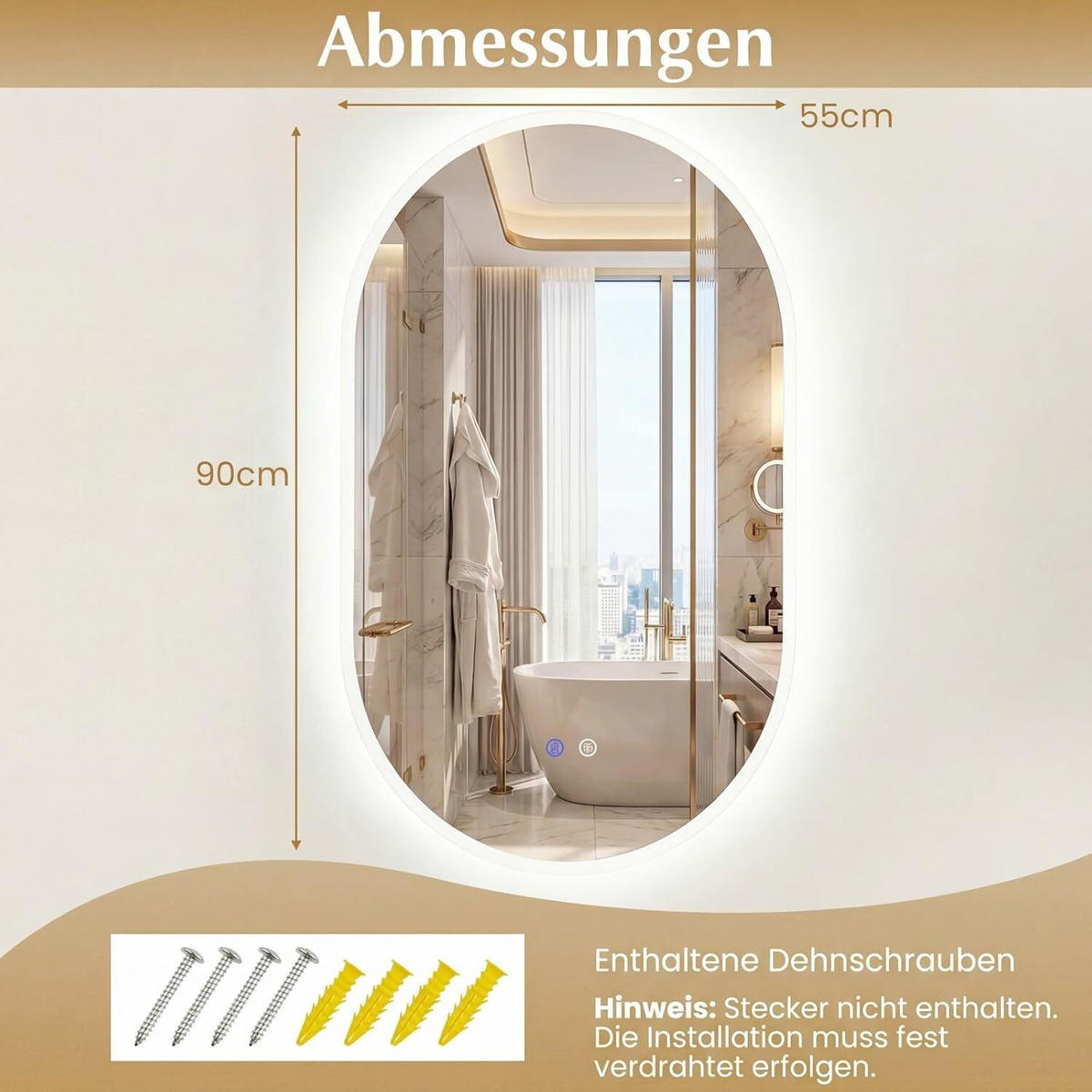 BADSPIEGEL mit Beleuchtung silber - Silberfarben, Glas (55/90/3cm) - COSTWAY