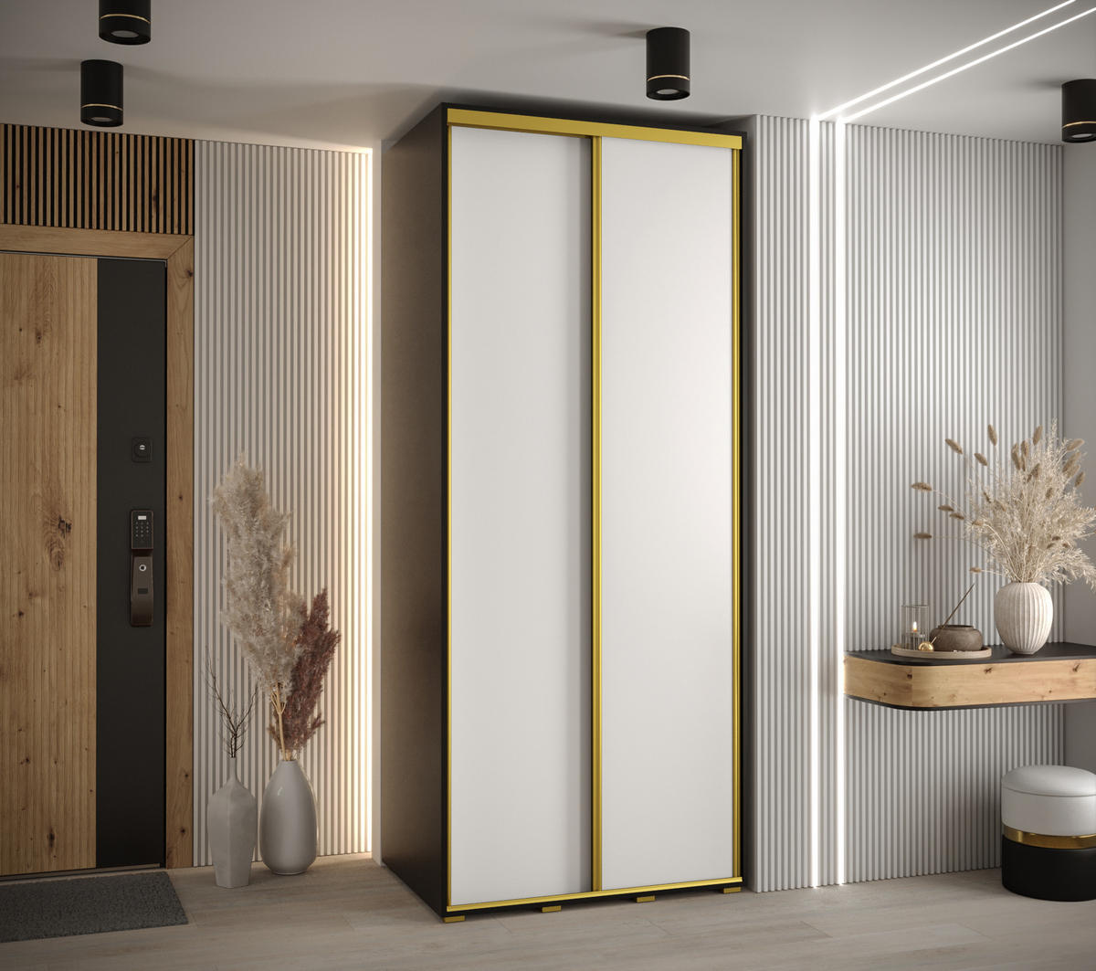 SCHWEBETÜRENSCHRANK 235,2/100/60 2-türig - Goldfarben/Schwarz, Holz/Metall (100/235/60cm) - Abiks Möbel