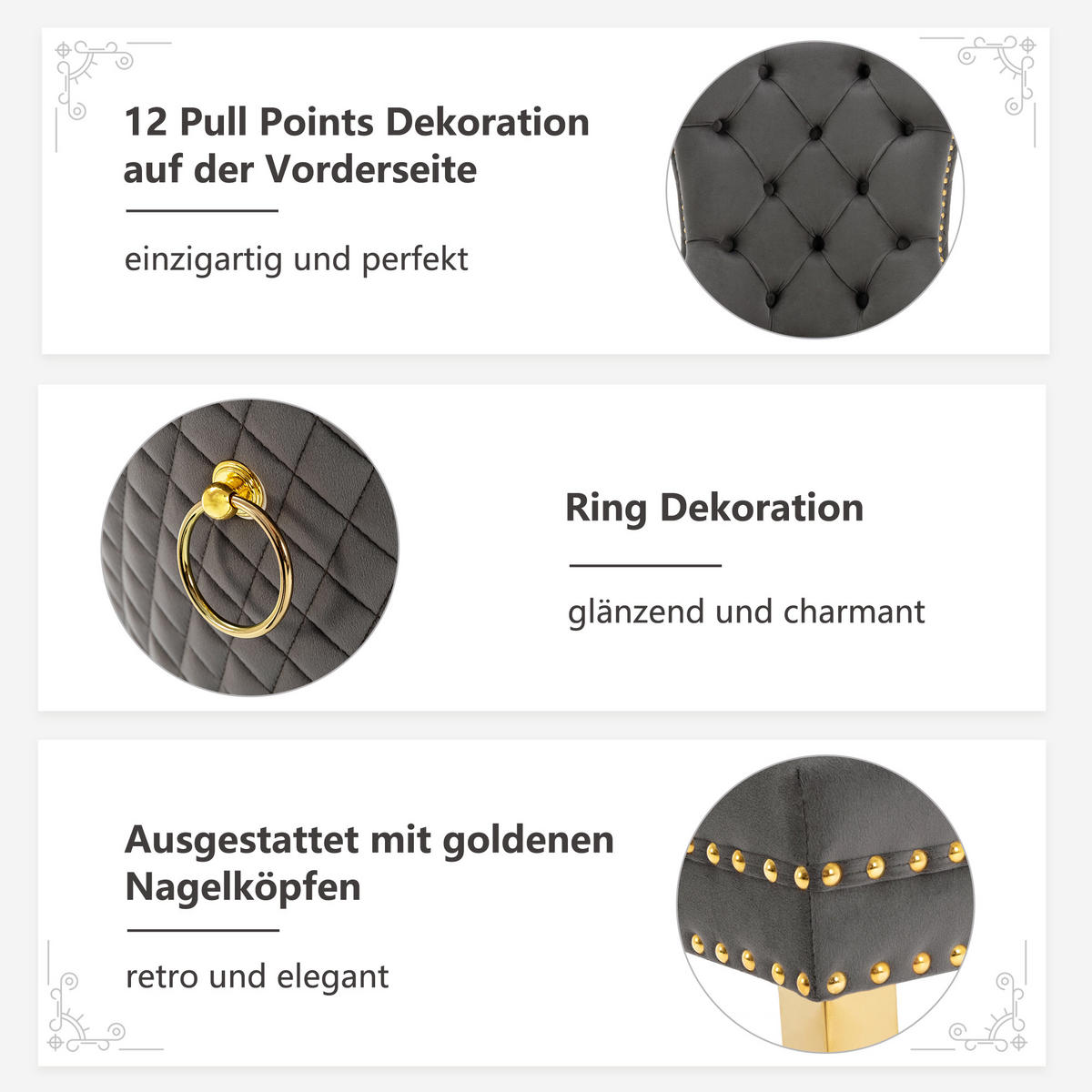 ESSZIMMERSTUHL 2-Tlg Samt Grau Gold, Nagelkopf, Gold Beine - Grau, Textil (50.5/95/45cm) - FLIEKS