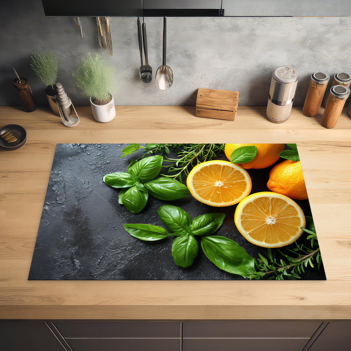 HERDABDECKPLATTE Obst - Grau - Konkret - Orange - Pflanzen Ceranfeldabdeckung 80x52 cm - Anthrazit, Kunststoff (80/52/0.2cm) - MuchoWow