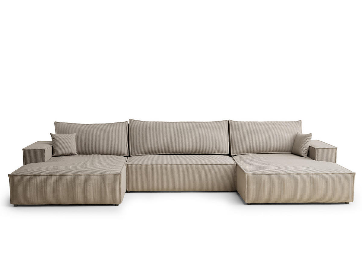 WOHNLANDSCHAFT Kyoto Beige Samtstoff - Beige/Schwarz, Holz/Holzwerkstoff (398/70/148cm) - Maison de Reve