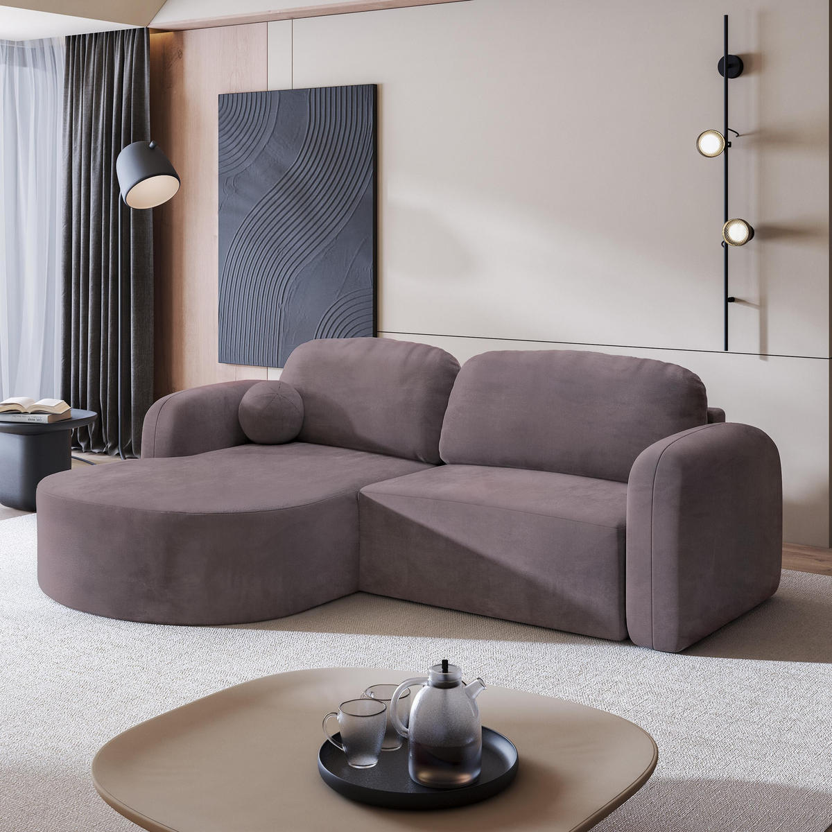 ECKSOFA AMILIA M L-S Lila Velours-Stoff mit Schlaffunktion - Lila, Holz (263/174cm) - MASSENO