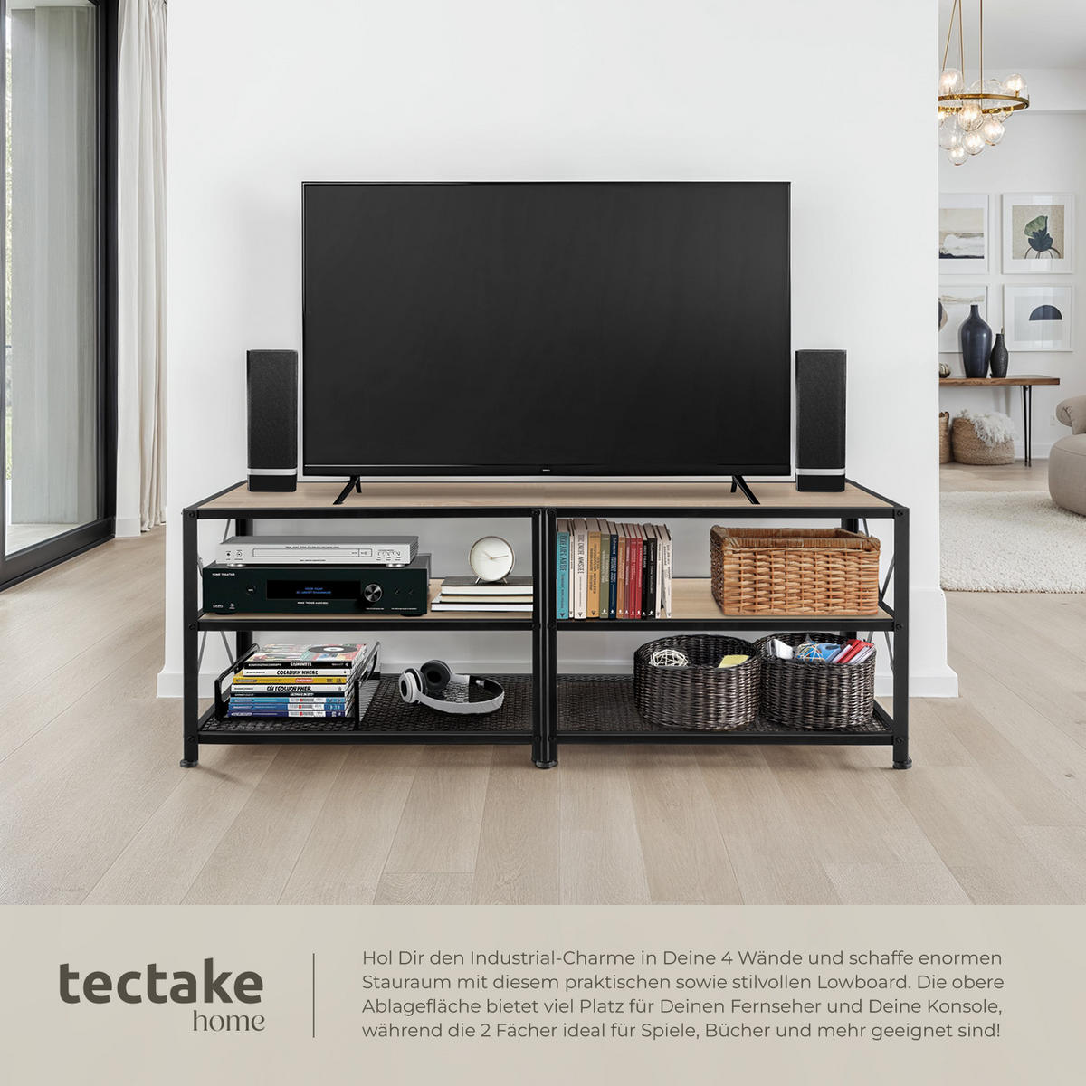 TV-REGAL Chicago,141 x 41,5 x 50,5 cm,Industrial Holz hell, Eiche Sonoma - Naturfarben, Holzwerkstoff (41.5/50.5/141cm) - tectake