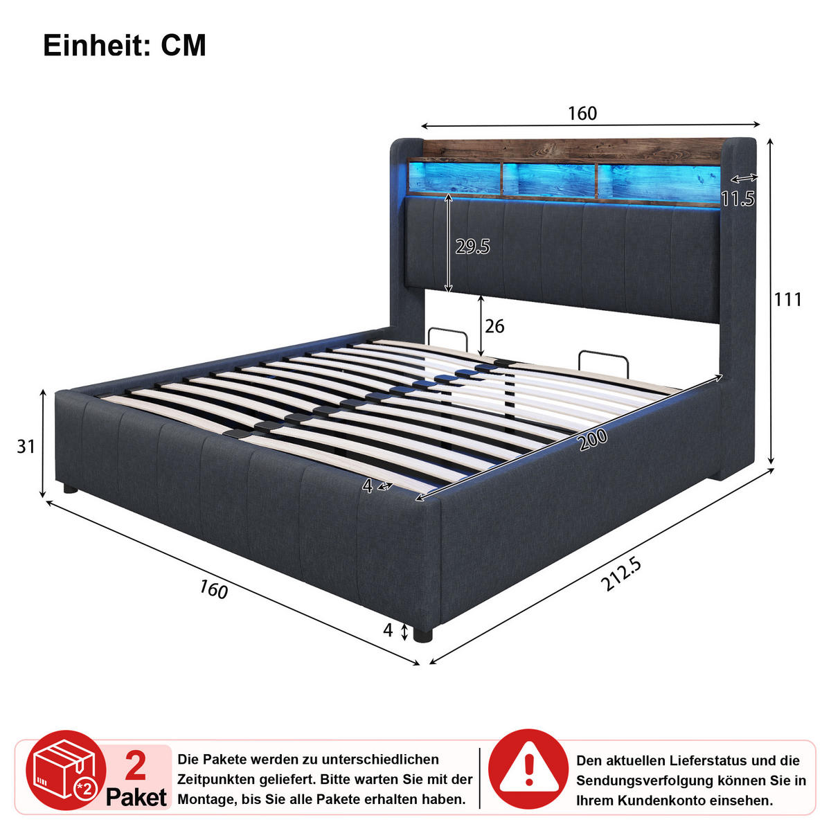 POLSTERBETT 160/200 cm in Grau Leinen mit Stauraum, LED, USB und Type-C - Grau, Holzwerkstoff/Textil (160/200cm) - WISHDOR