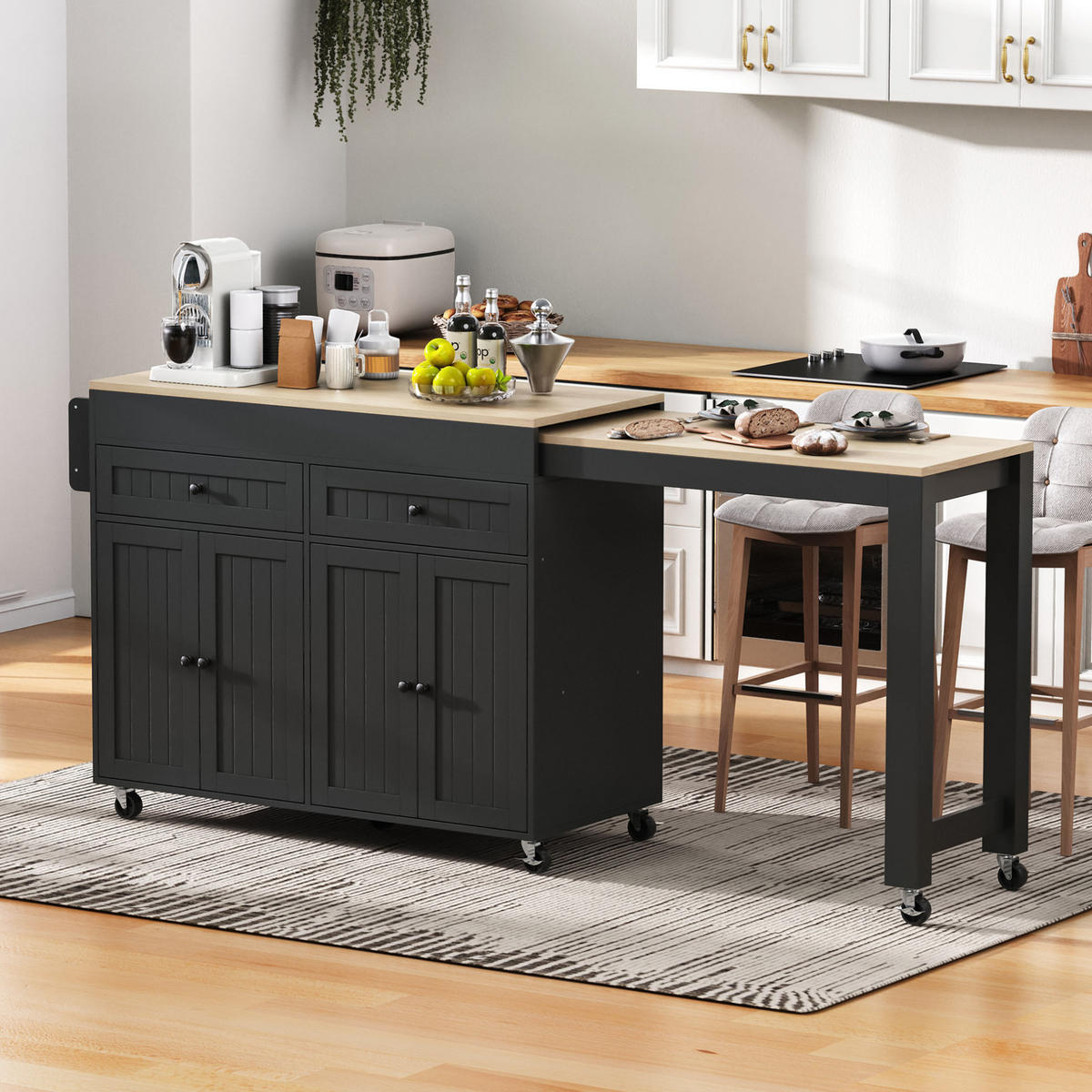 KÜCHENINSEL mit ausziehbarer Arbeitsplatte 112-180,5 cm MDF Black/Natural - Schwarz, Holz (45/92.2/180.5cm) - Beauniv